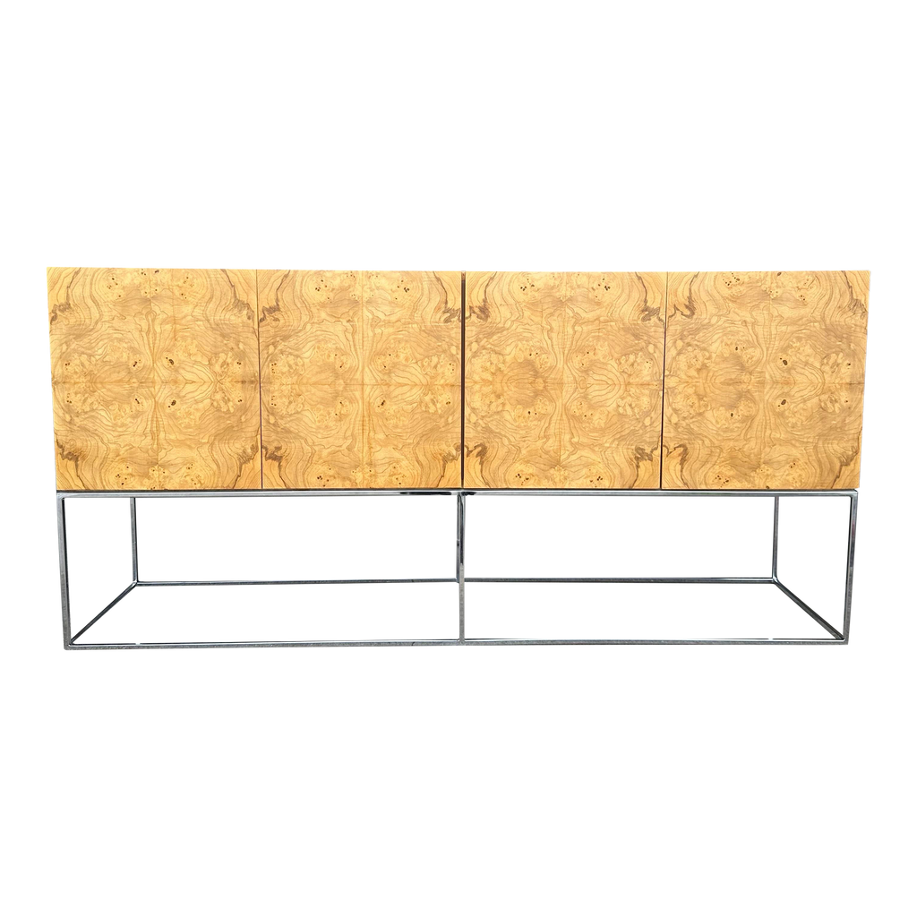 Milo Baughman Burlwood Olive Wood and Thin Chrome Base Credenza