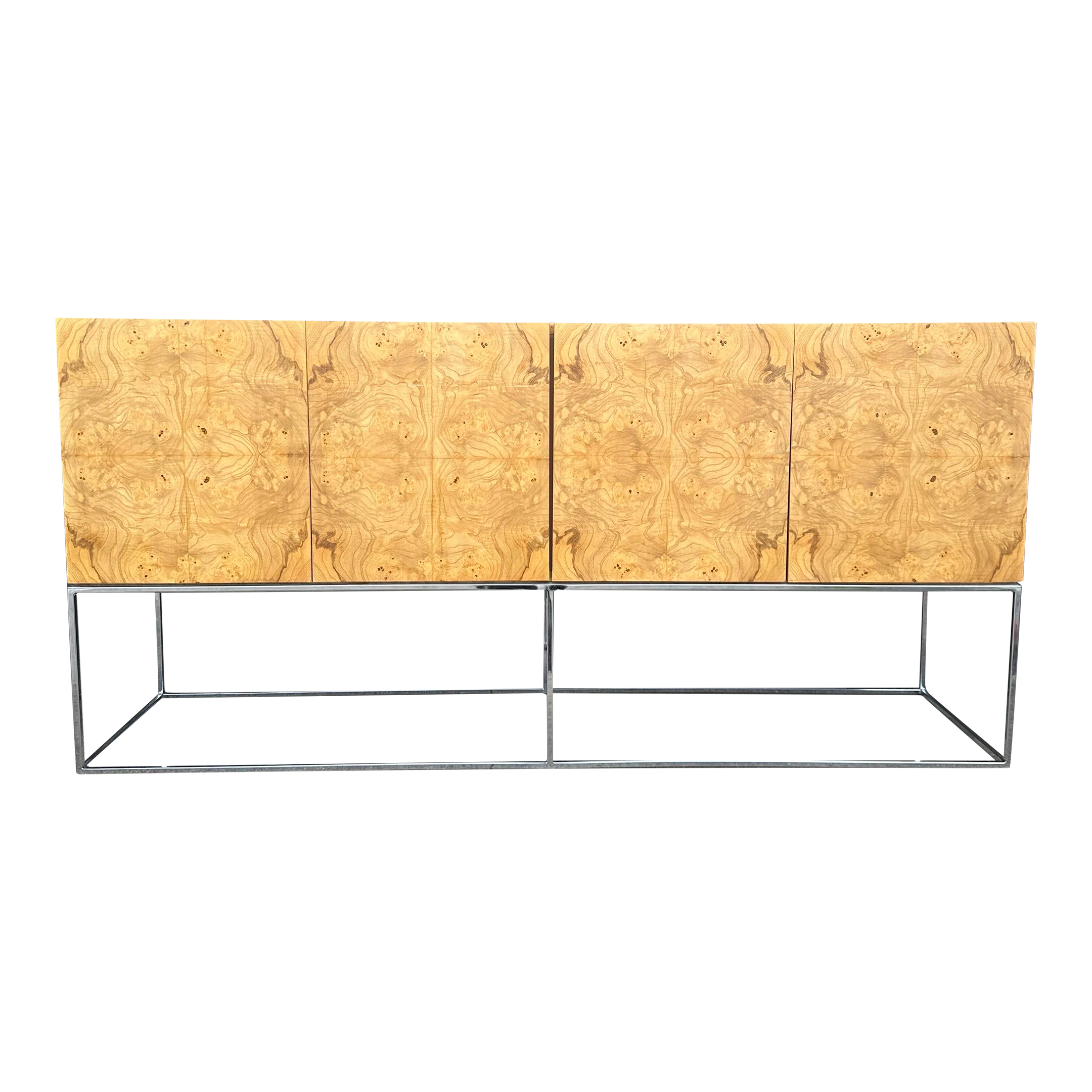 Milo Baughman Burlwood Olive Wood and Thin Chrome Base Credenza