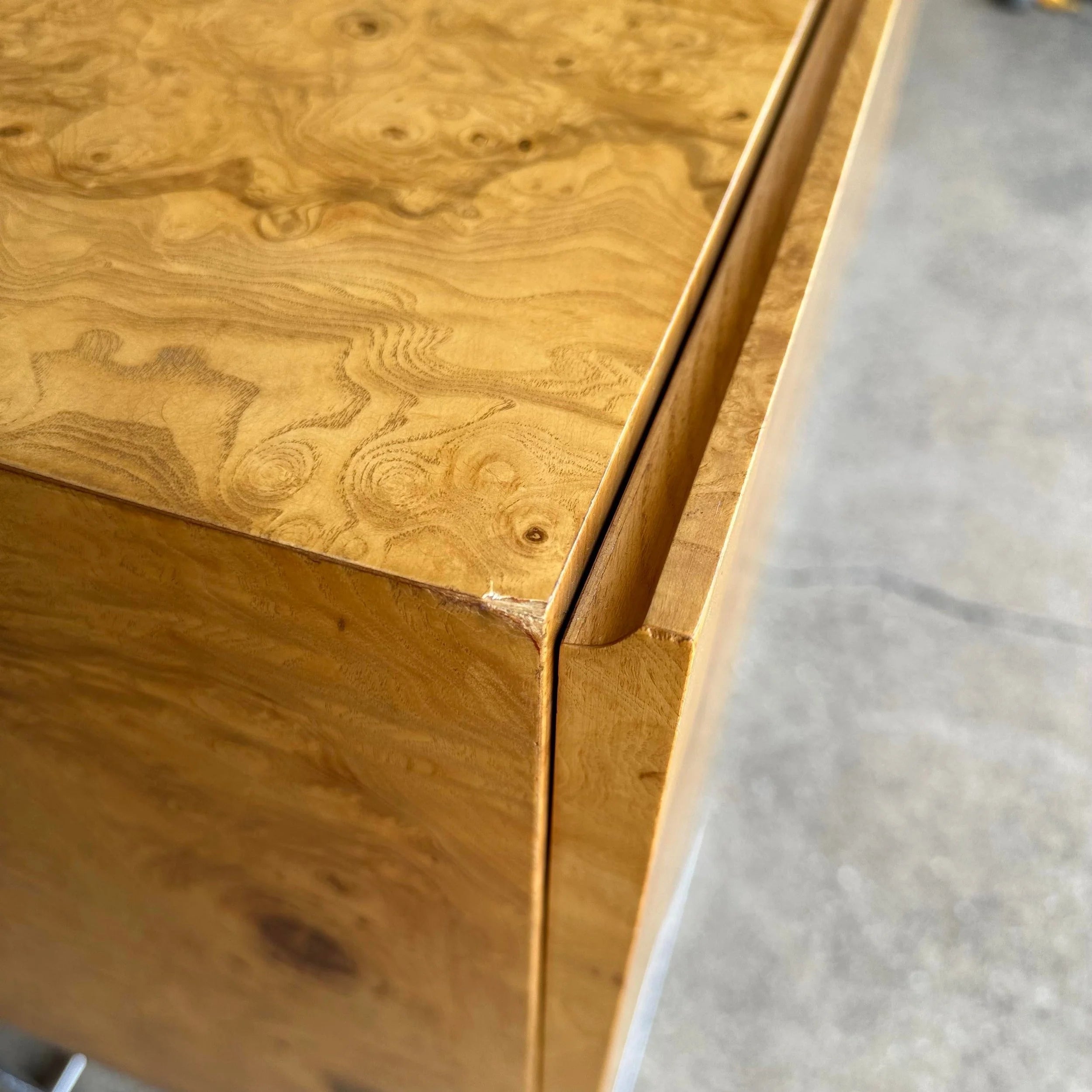 Milo Baughman Burlwood Olive Wood and Thin Chrome Base Credenza
