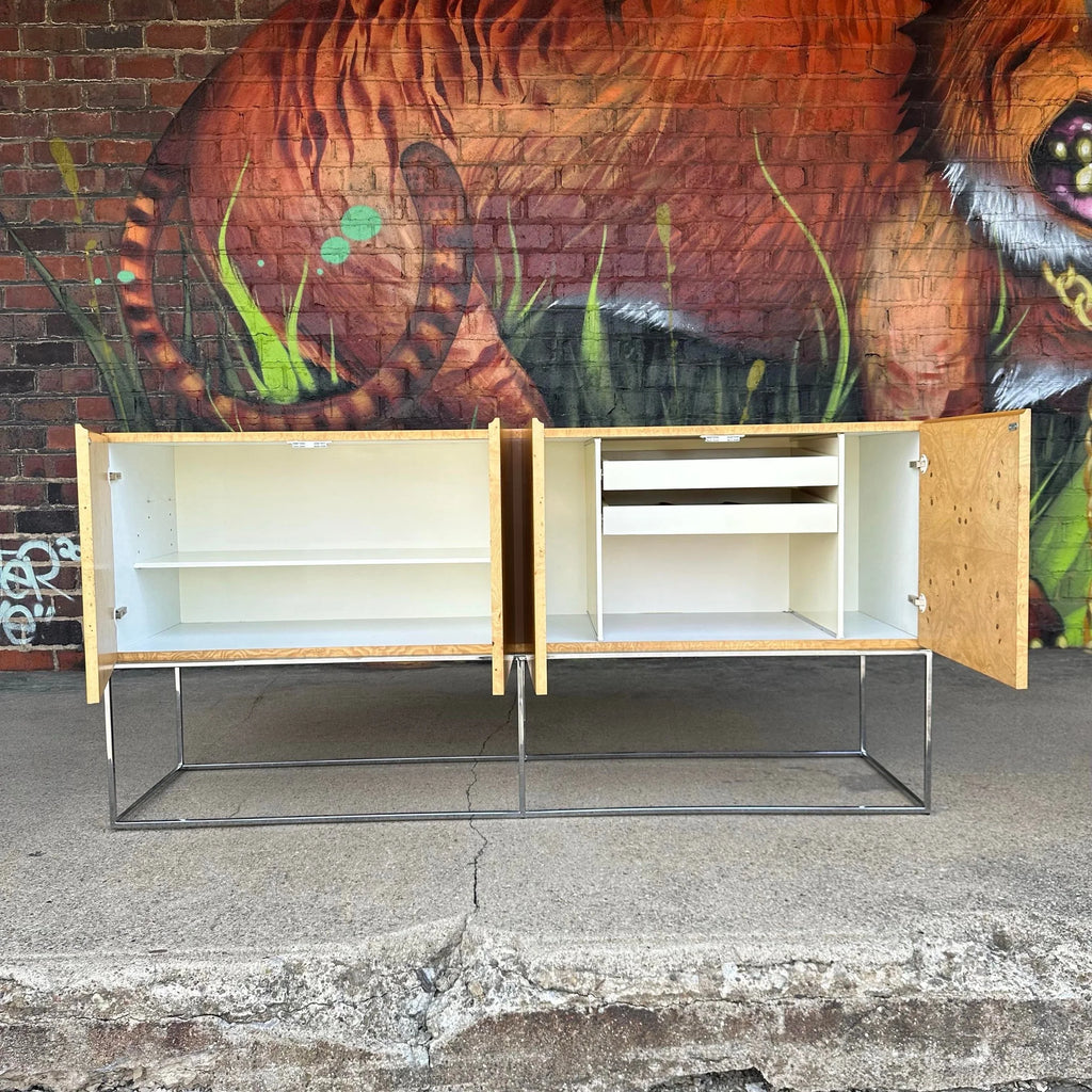 Milo Baughman Burlwood Olive Wood and Thin Chrome Base Credenza