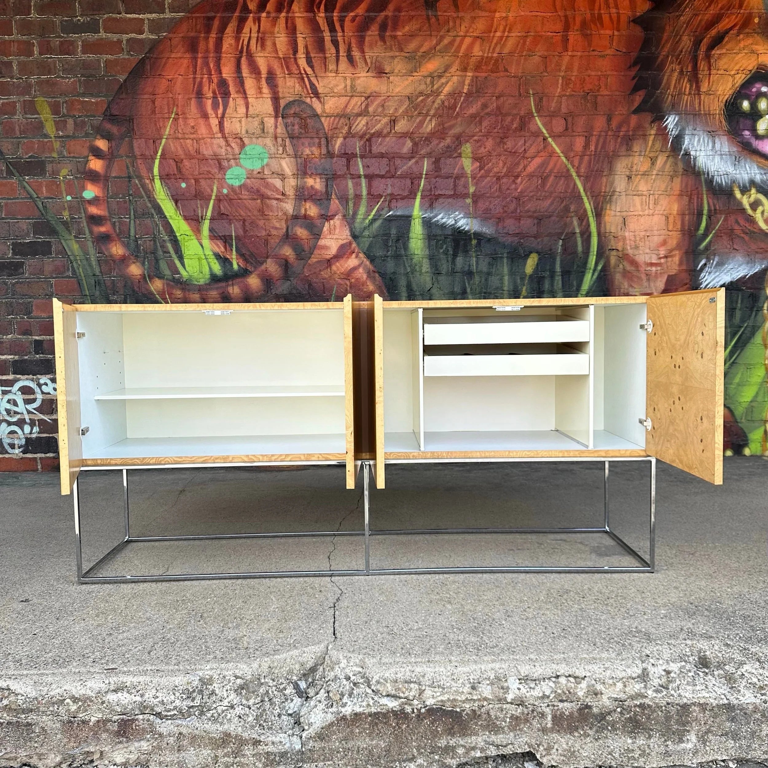 Milo Baughman Burlwood Olive Wood and Thin Chrome Base Credenza