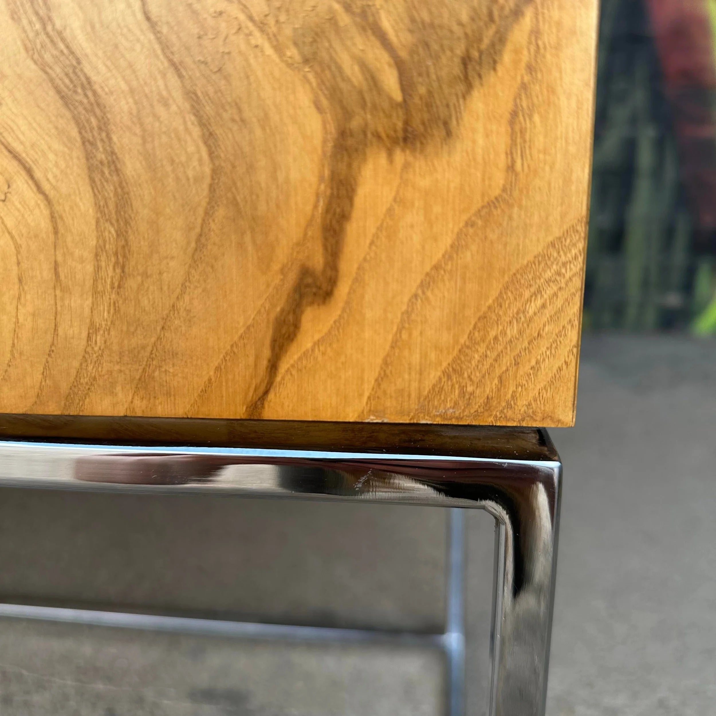 Milo Baughman Burlwood Olive Wood and Thin Chrome Base Credenza