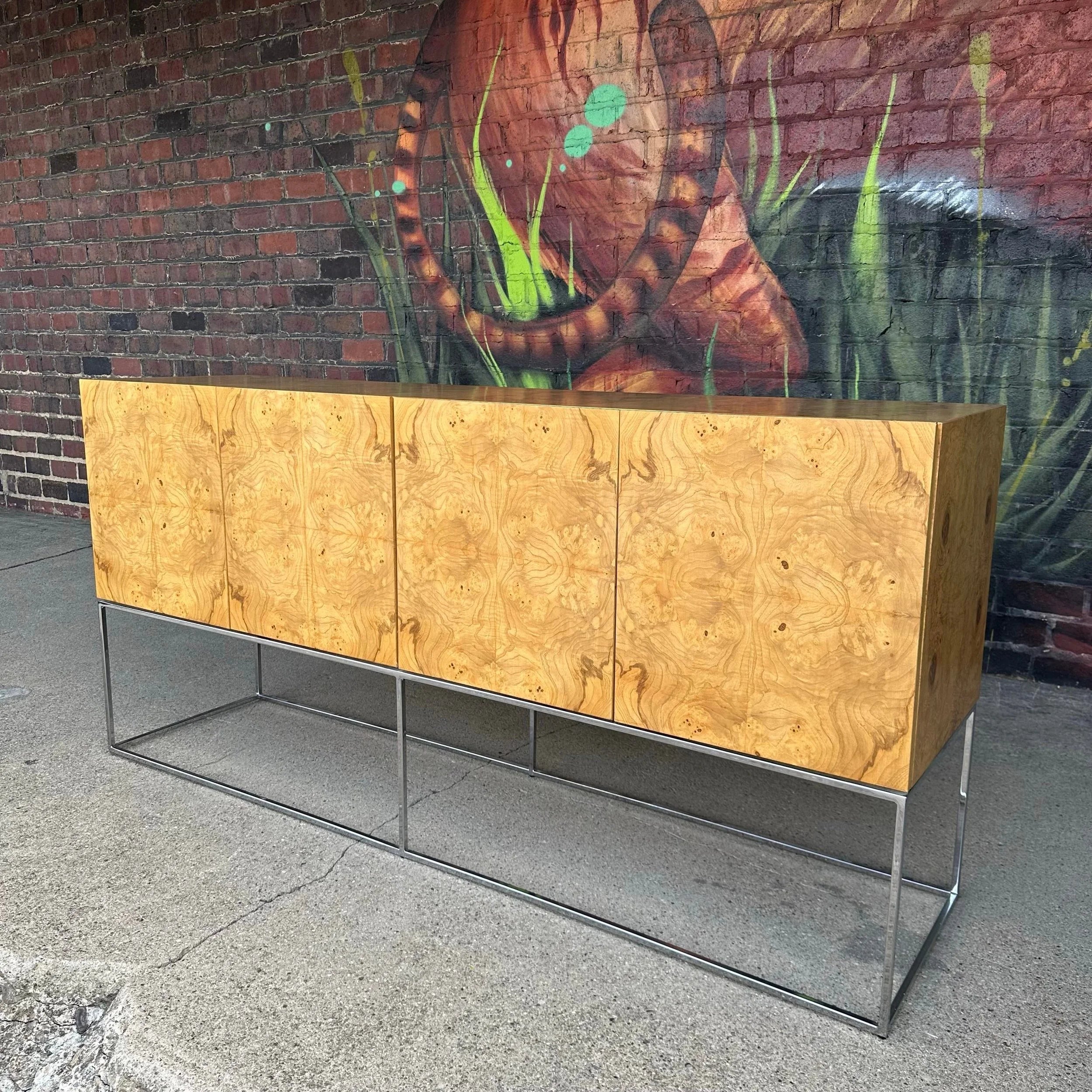 Milo Baughman Burlwood Olive Wood and Thin Chrome Base Credenza