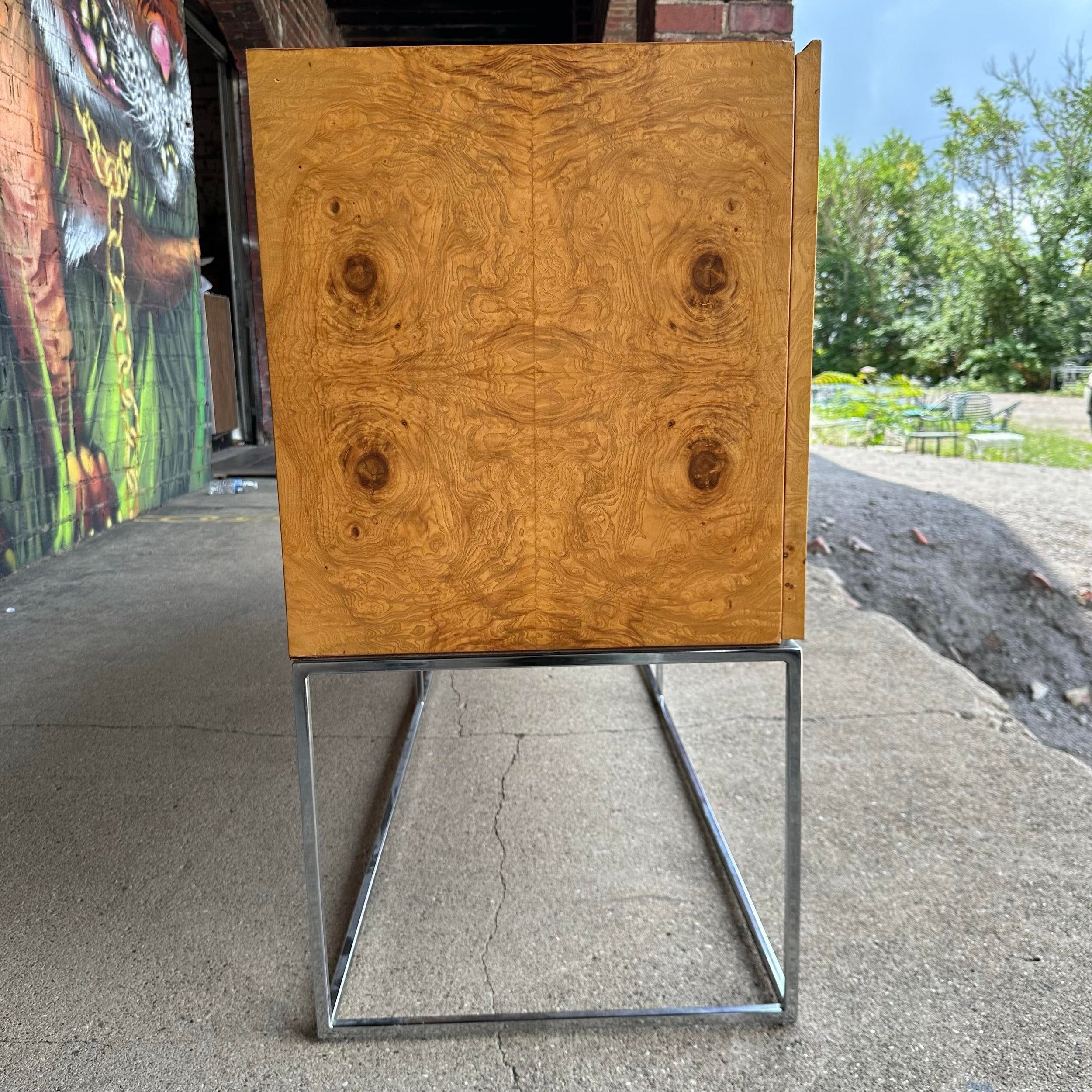 Milo Baughman Burlwood Olive Wood and Thin Chrome Base Credenza