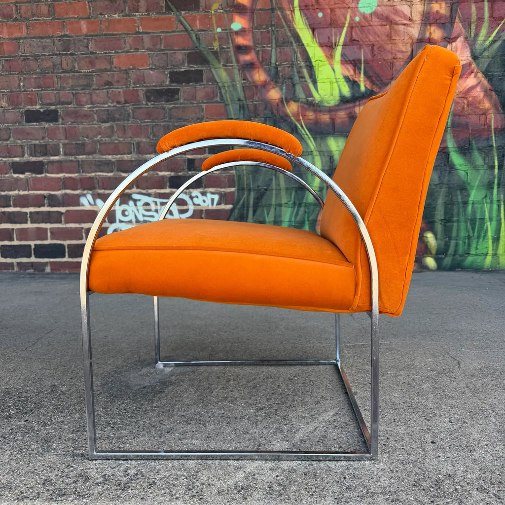 Milo Baughman Mid Century Chrome and Orange Velvet