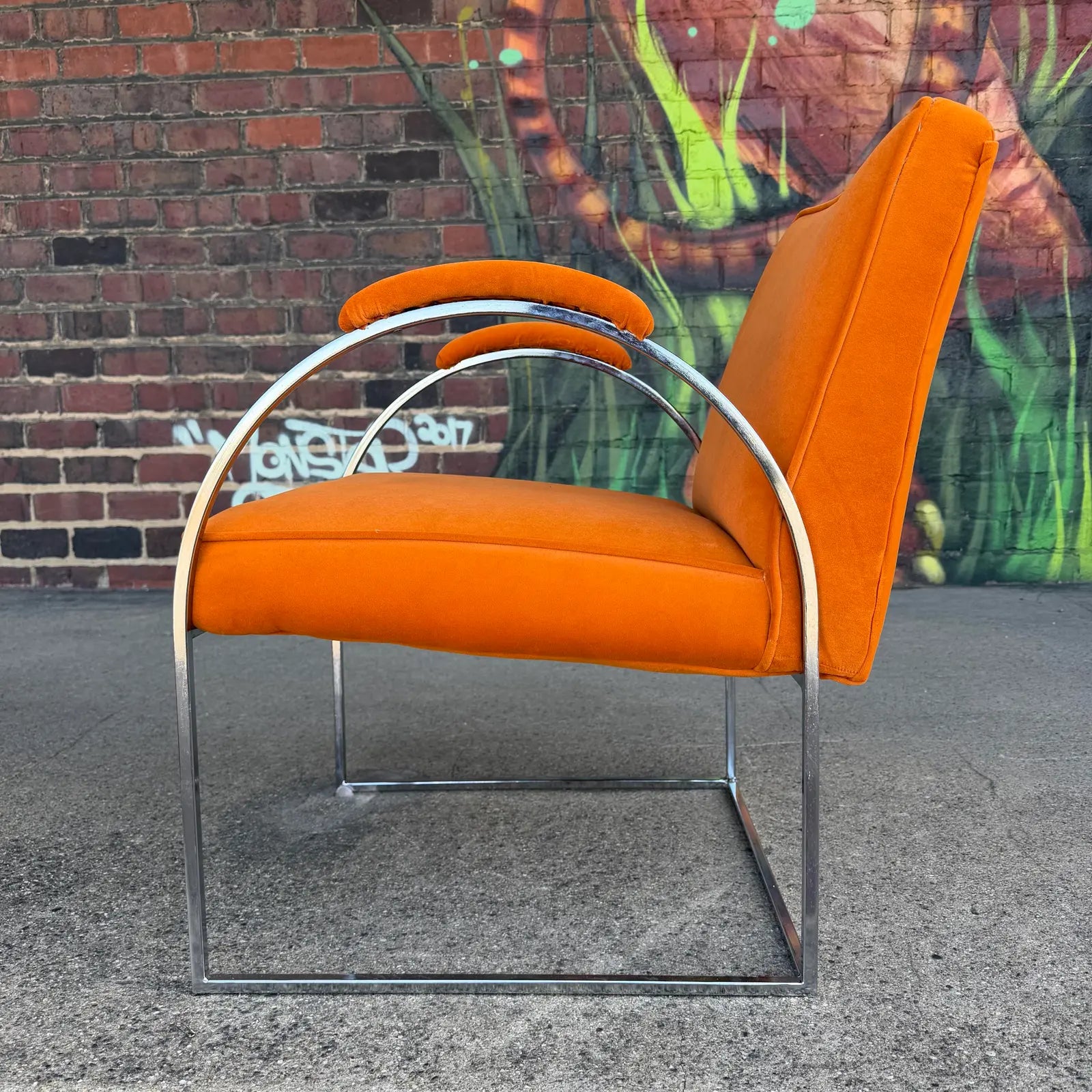 Milo Baughman Mid Century Chrome and Orange Velvet