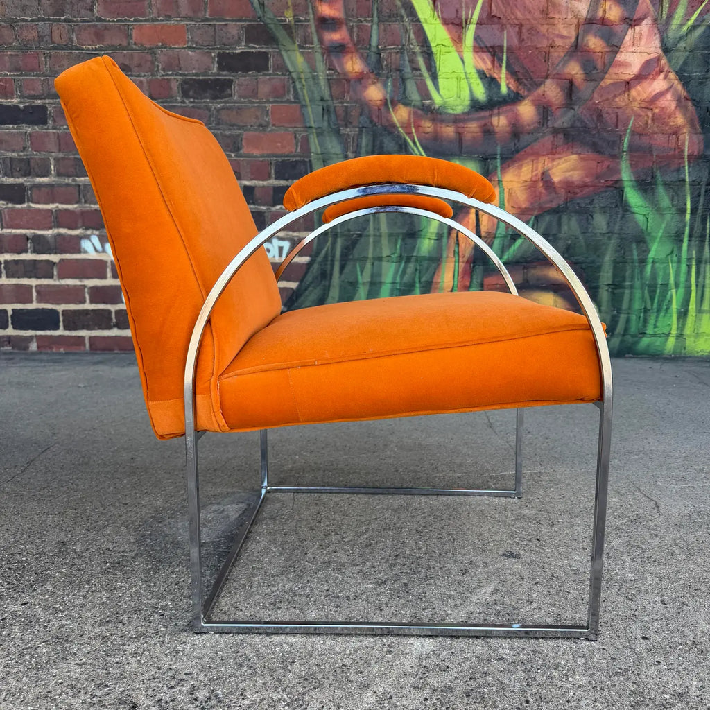 Milo Baughman Mid Century Chrome and Orange Velvet