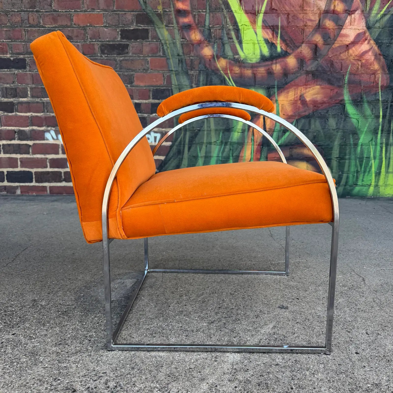 Milo Baughman Mid Century Chrome and Orange Velvet