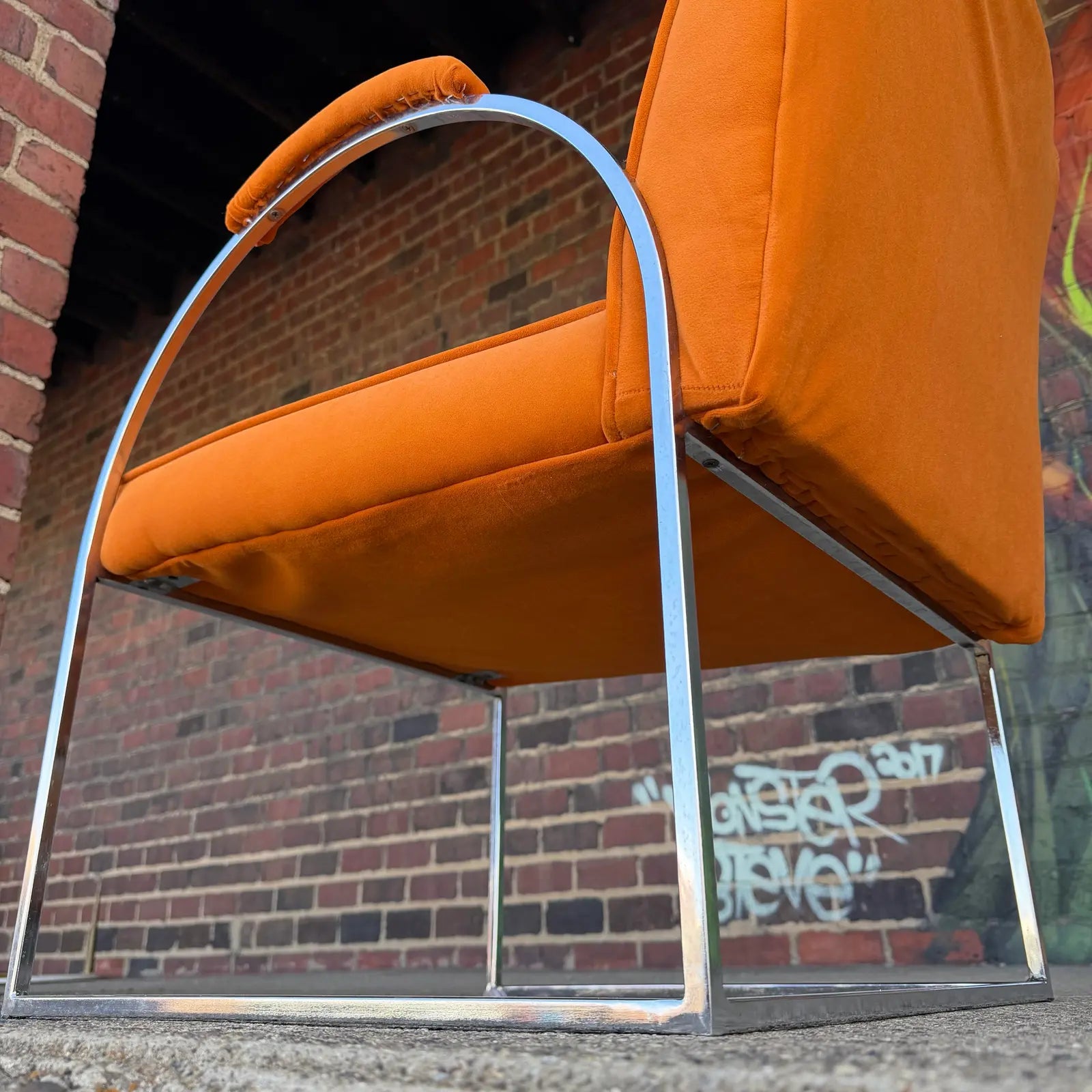 Milo Baughman Mid Century Chrome and Orange Velvet