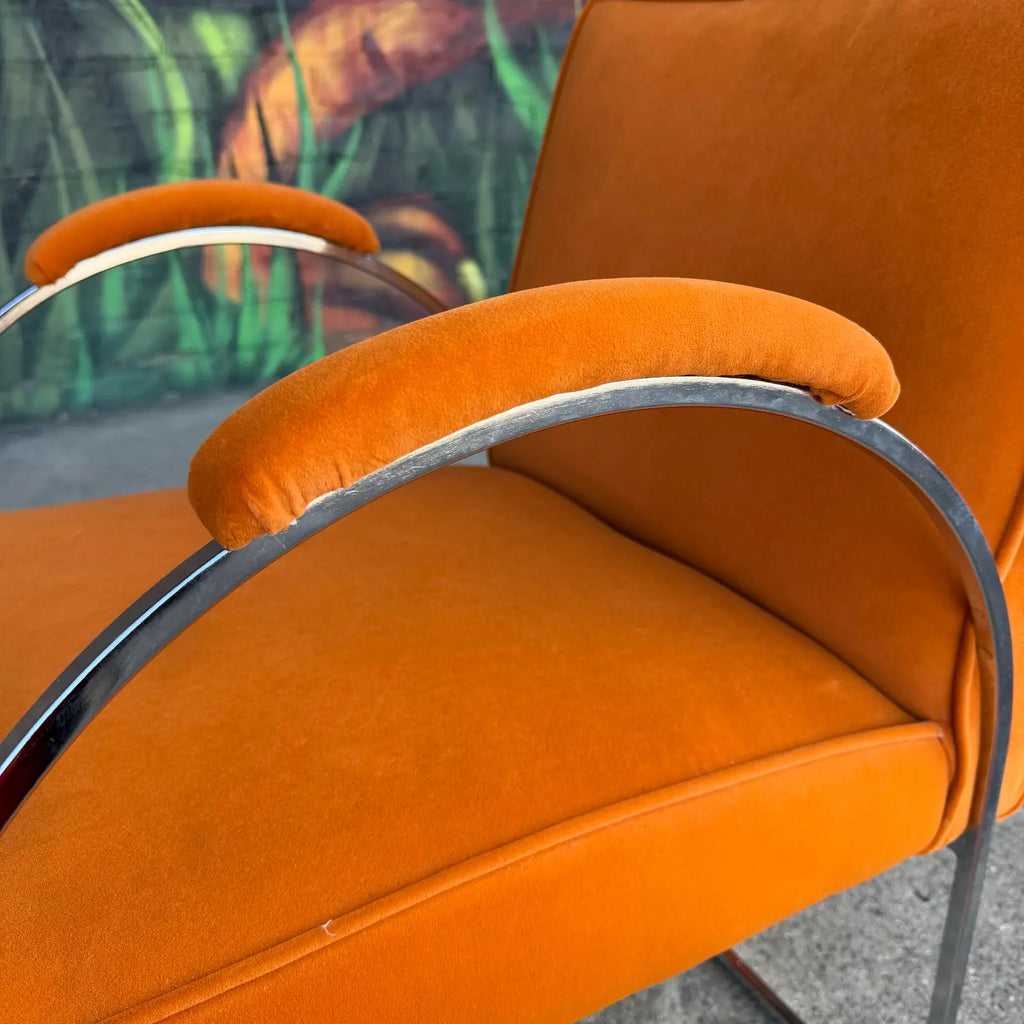 Milo Baughman Mid Century Chrome and Orange Velvet