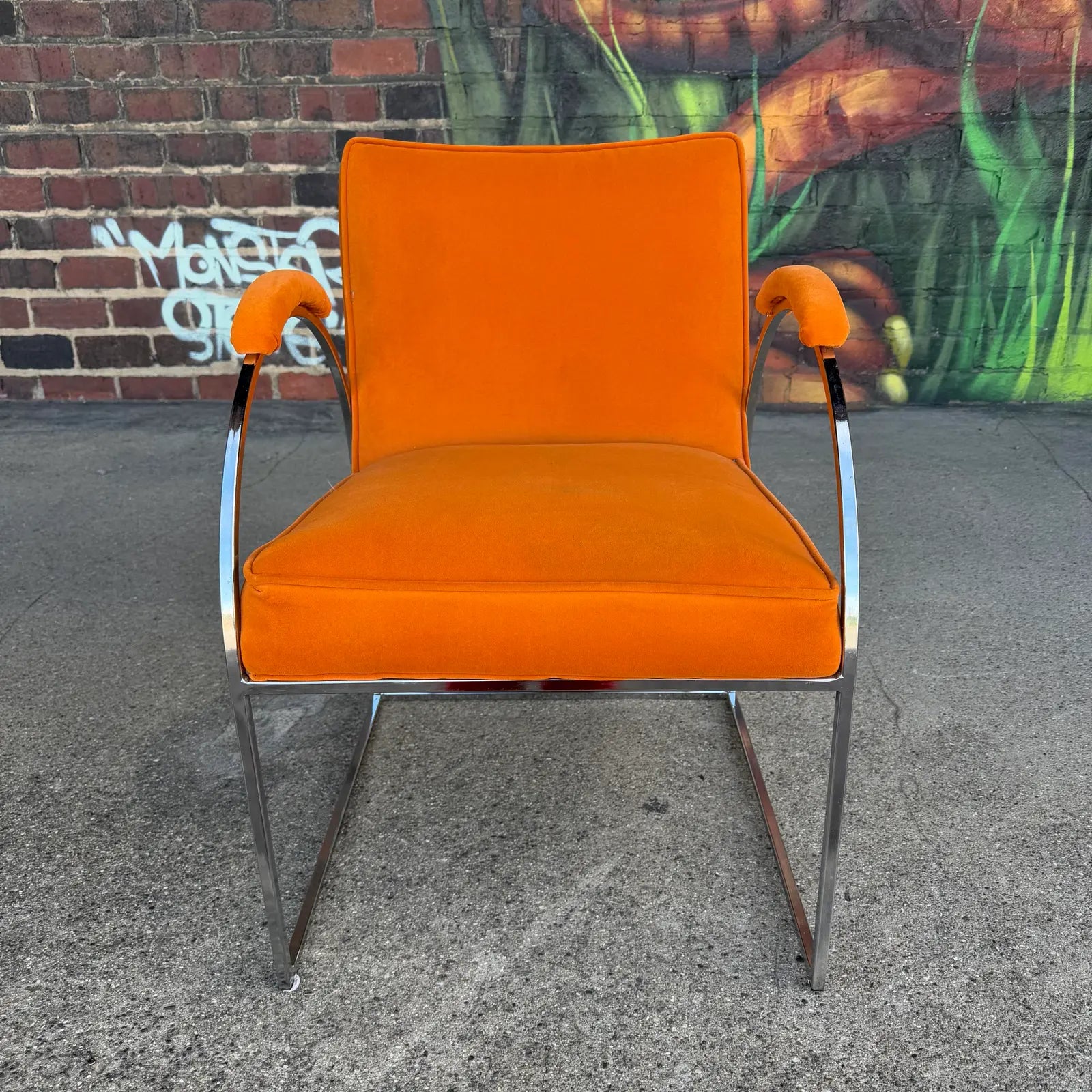Milo Baughman Mid Century Chrome and Orange Velvet