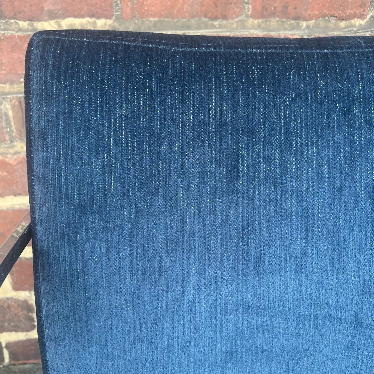 Milo Baughman Thayer Coggin Chrome Dining Chairs Recovered in a Blue Sparkly Fabric.
