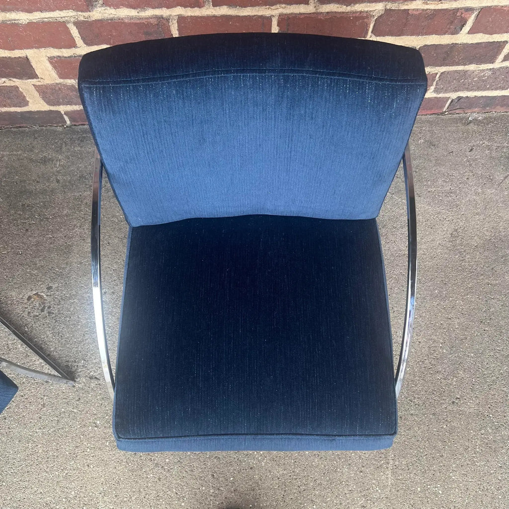 Milo Baughman Thayer Coggin Chrome Dining Chairs Recovered in a Blue Sparkly Fabric.