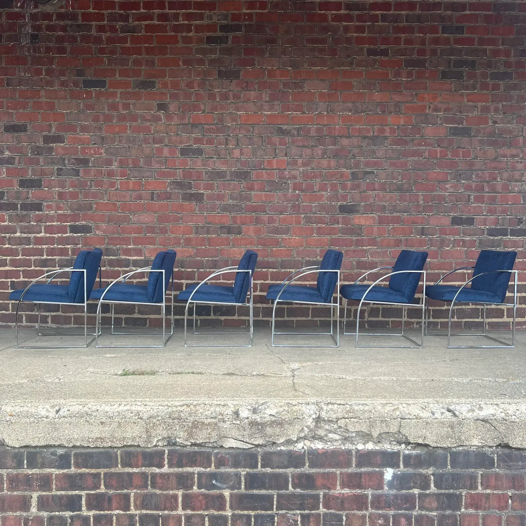 Milo Baughman Thayer Coggin Chrome Dining Chairs Recovered in a Blue Sparkly Fabric.