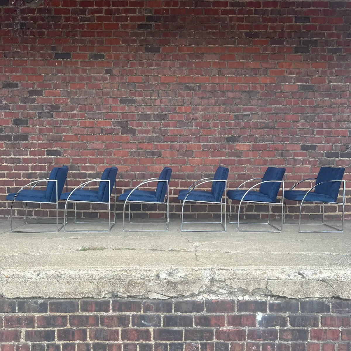 Milo Baughman Thayer Coggin Chrome Dining Chairs Recovered in a Blue Sparkly Fabric.