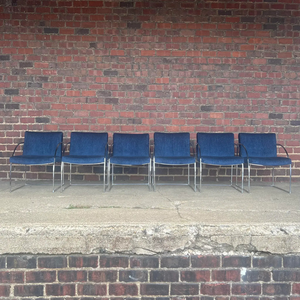 Milo Baughman Thayer Coggin Chrome Dining Chairs Recovered in a Blue Sparkly Fabric.