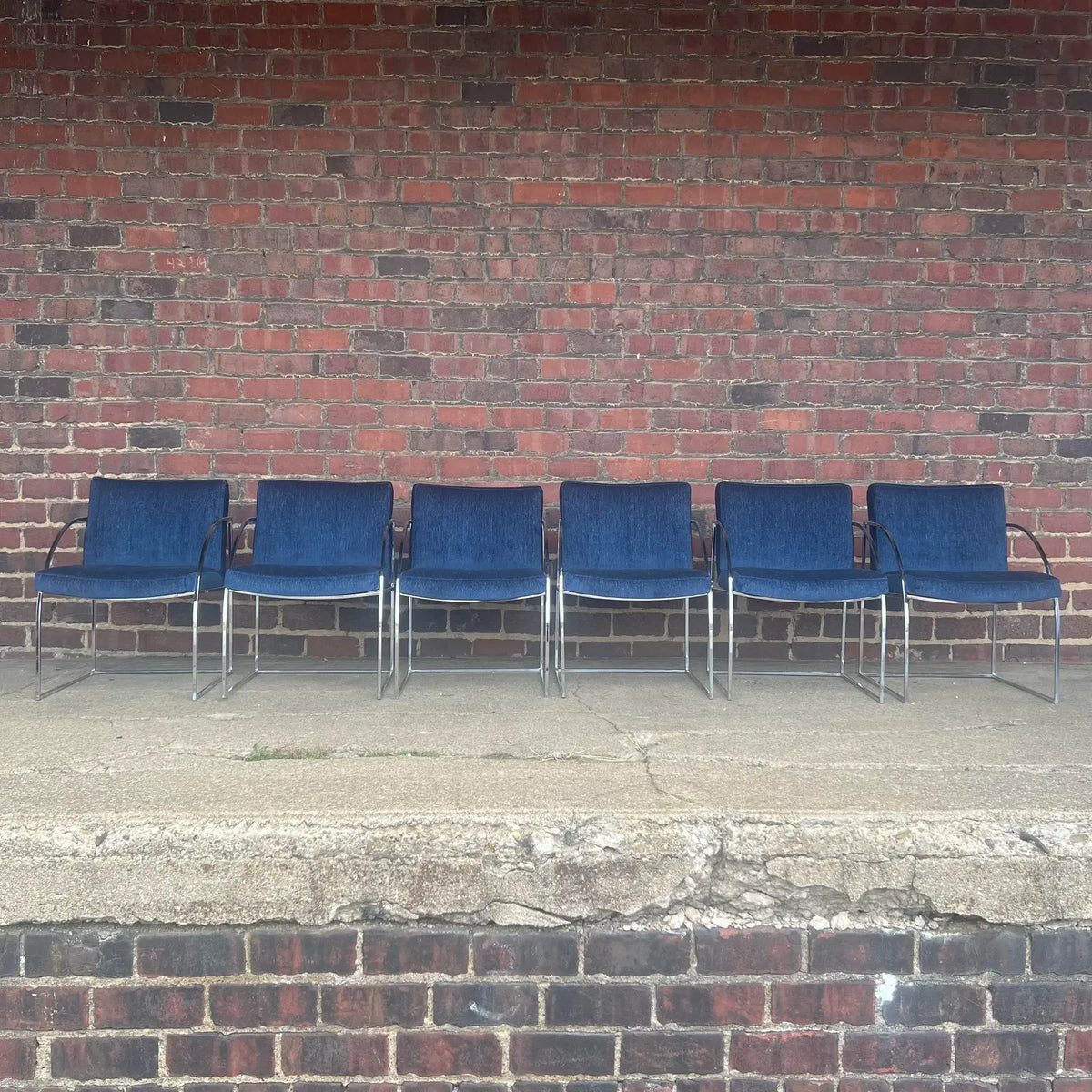Milo Baughman Thayer Coggin Chrome Dining Chairs Recovered in a Blue Sparkly Fabric.