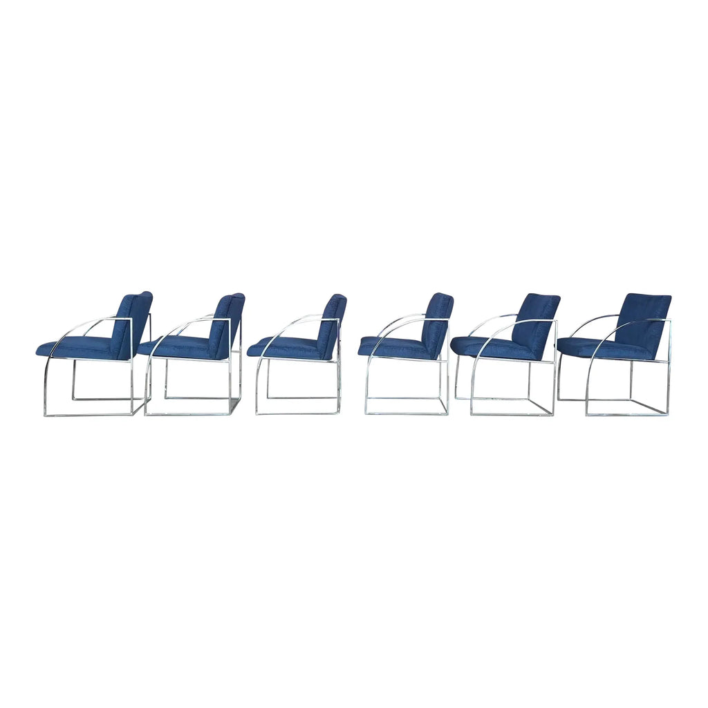 Milo Baughman Thayer Coggin Chrome Dining Chairs Recovered in a Blue Sparkly Fabric.