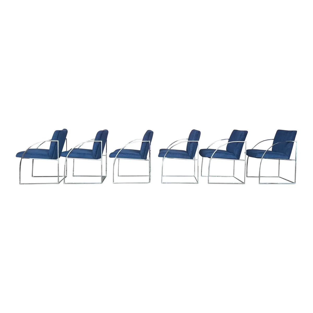 Milo Baughman Thayer Coggin Chrome Dining Chairs Recovered in a Blue Sparkly Fabric.