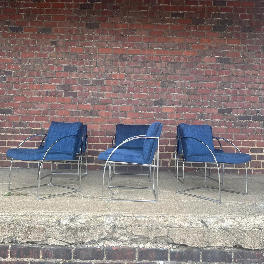 Milo Baughman Thayer Coggin Chrome Dining Chairs Recovered in a Blue Sparkly Fabric.