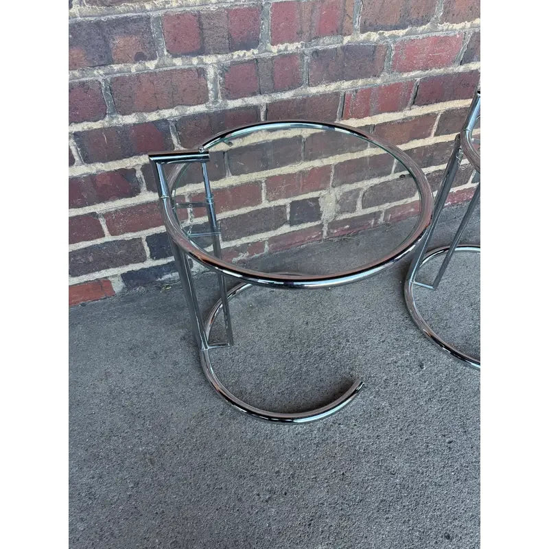 Pair of Adjustable Chrome and Glass Tables Eileen Gray Style