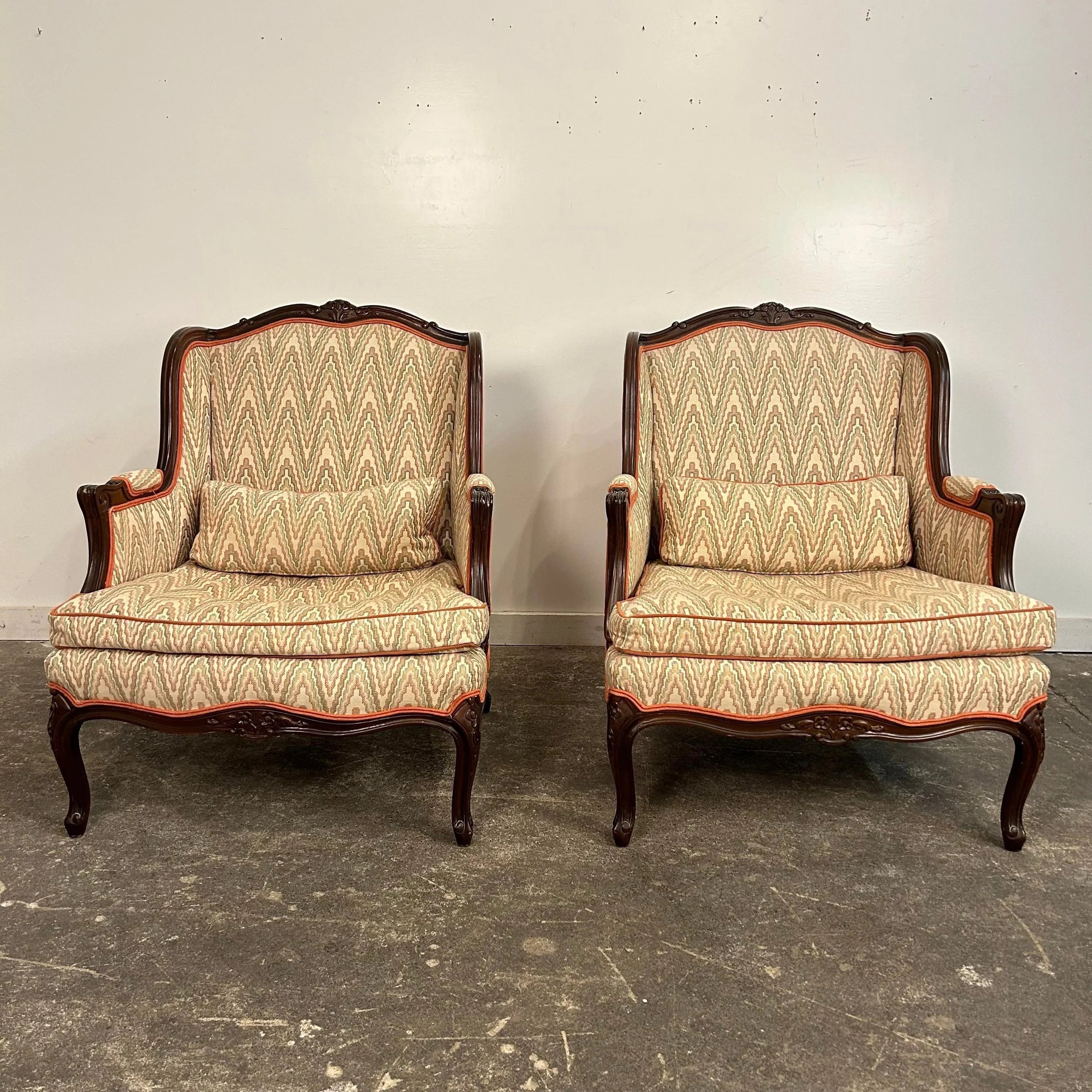 Pair of Antique Wing Back Club Chairs French Provincial
