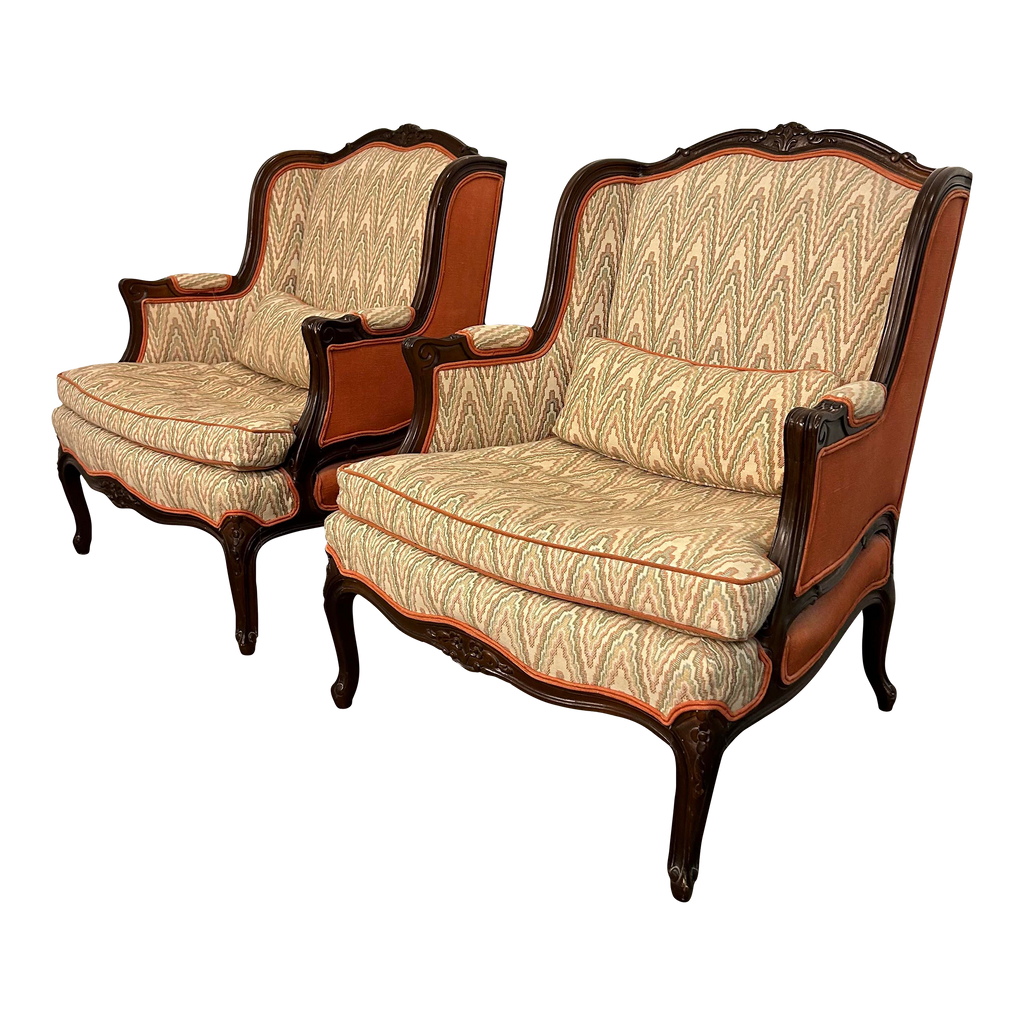 Pair of Antique Wing Back Club Chairs French Provincial