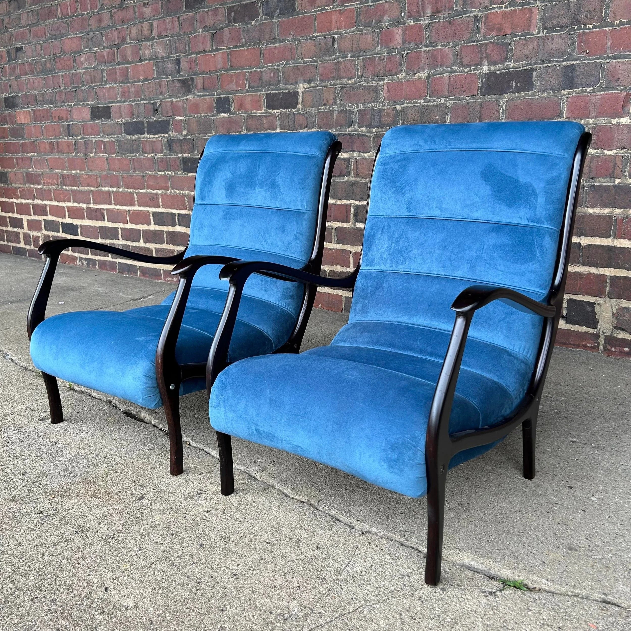 Pair of Blue Velvet Lounge Chairs Newer With Italian Styling