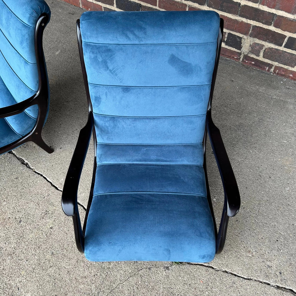 Pair of Blue Velvet Lounge Chairs Newer With Italian Styling