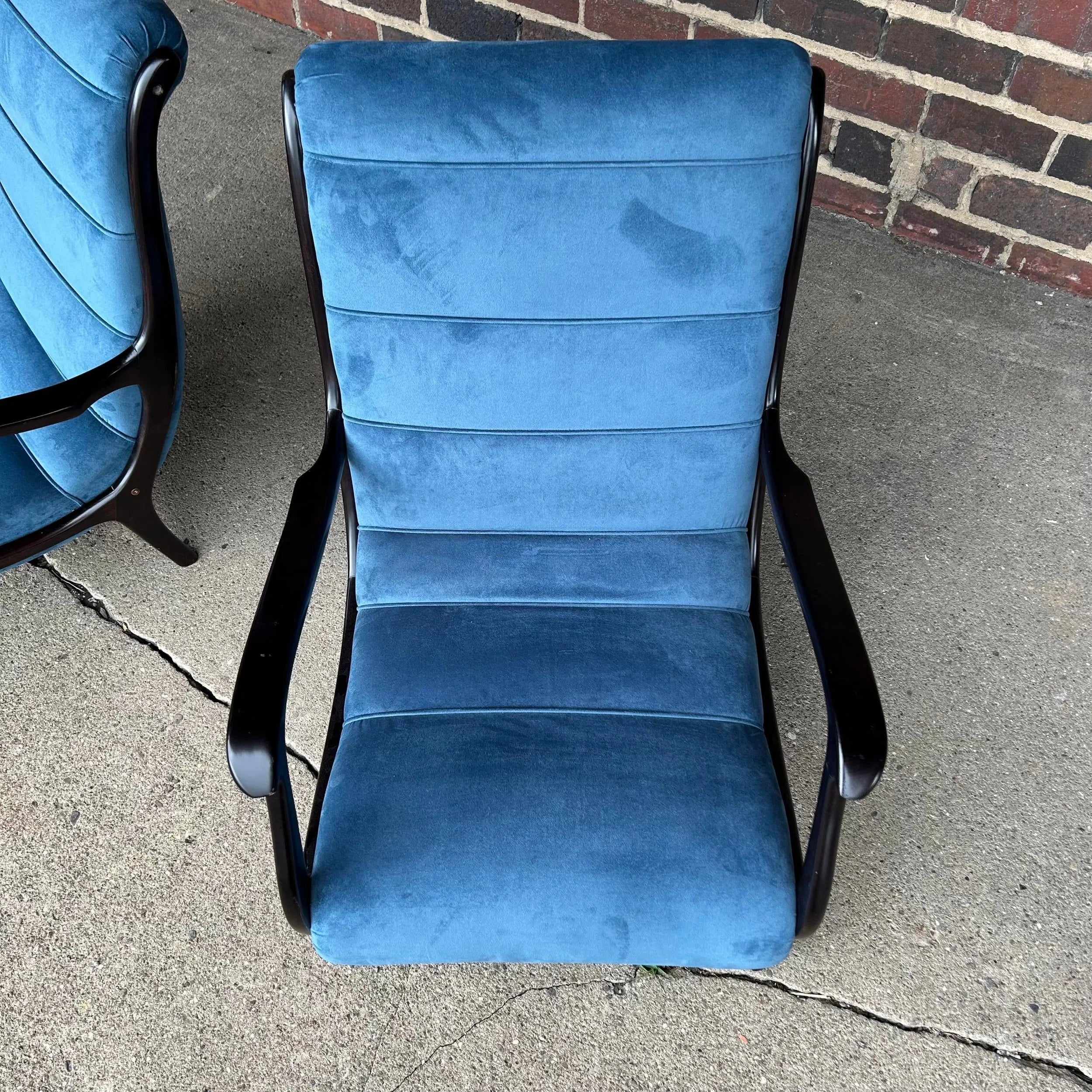 Pair of Blue Velvet Lounge Chairs Newer With Italian Styling
