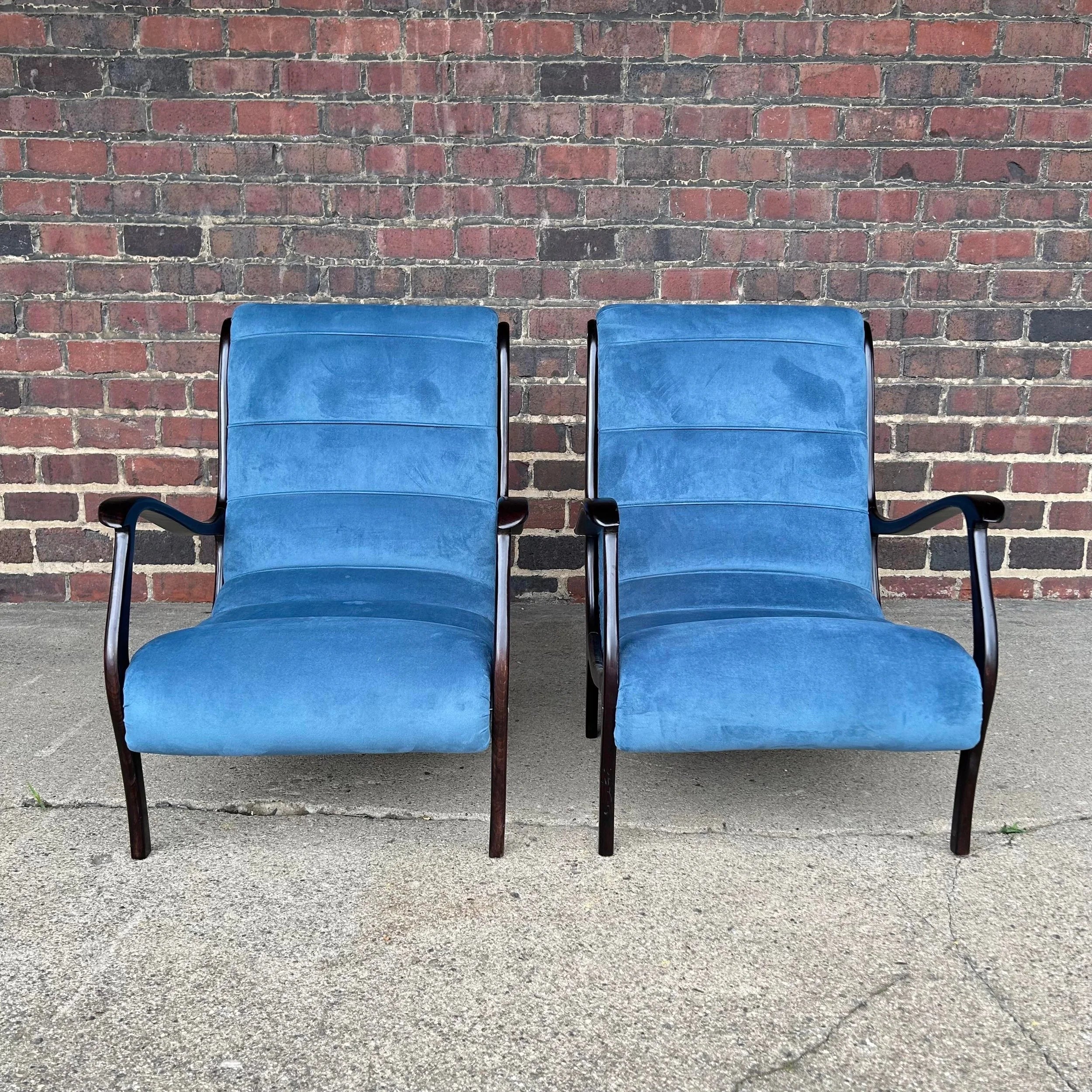Pair of Blue Velvet Lounge Chairs Newer With Italian Styling