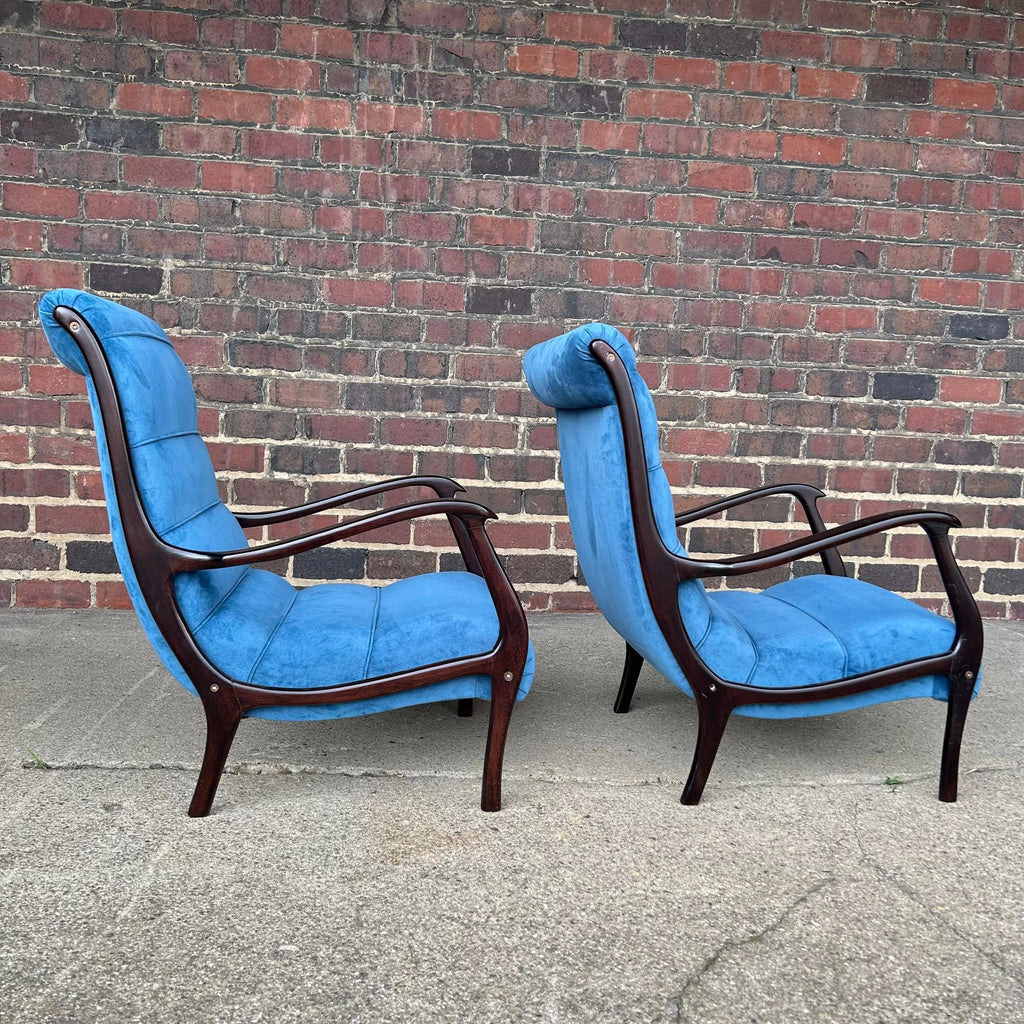 Pair of Blue Velvet Lounge Chairs Newer With Italian Styling