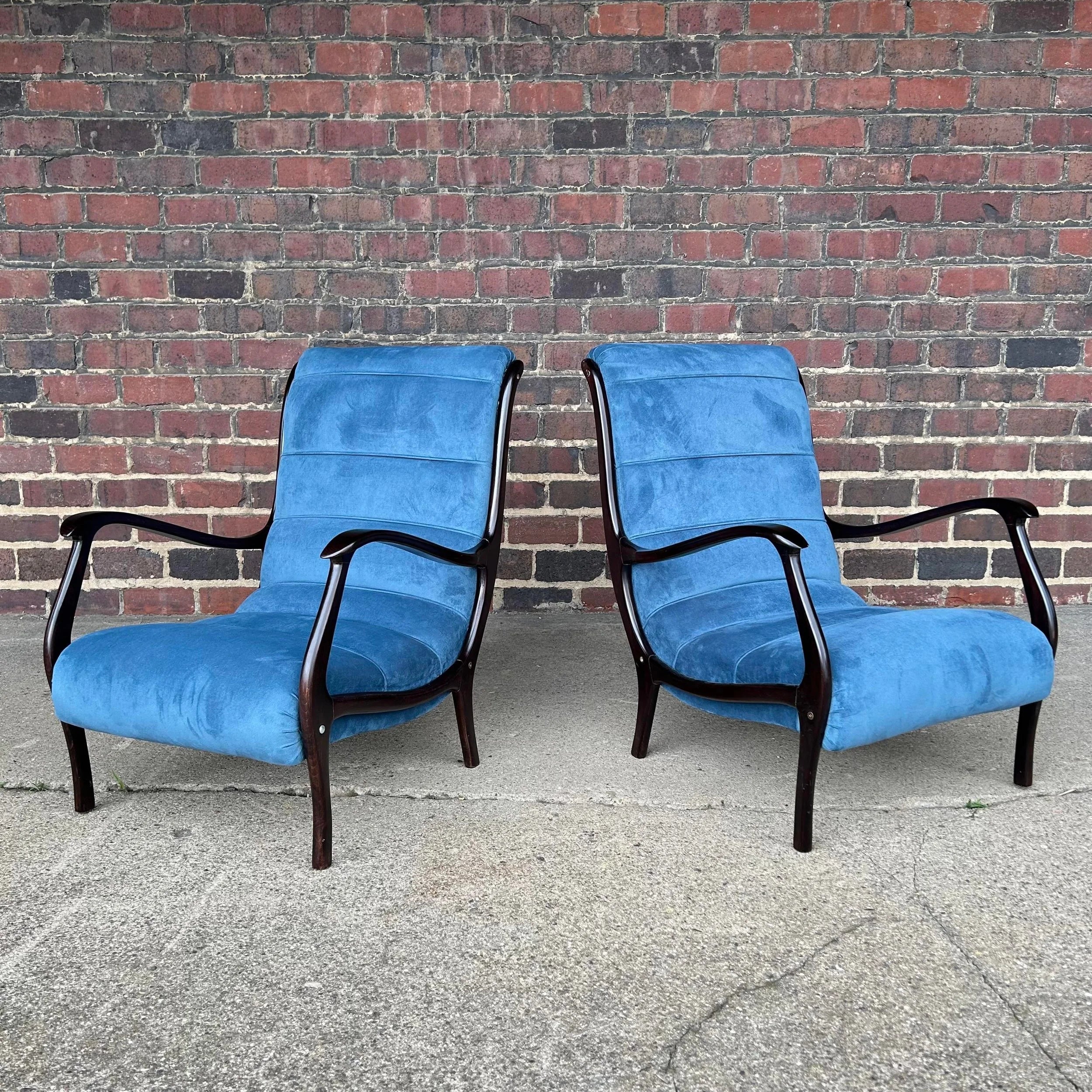 Pair of Blue Velvet Lounge Chairs Newer With Italian Styling