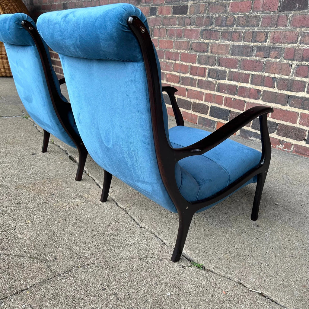 Pair of Blue Velvet Lounge Chairs Newer With Italian Styling