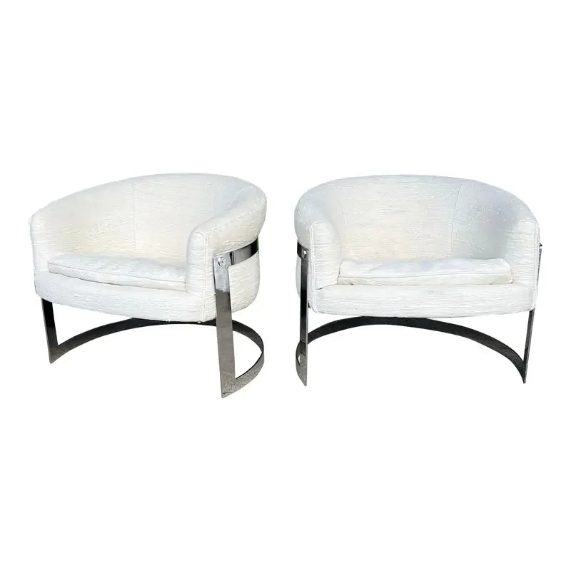 Pair of Cantilever Barrel Back Club Chairs on Chrome Base – Attributed to Milo Baughman