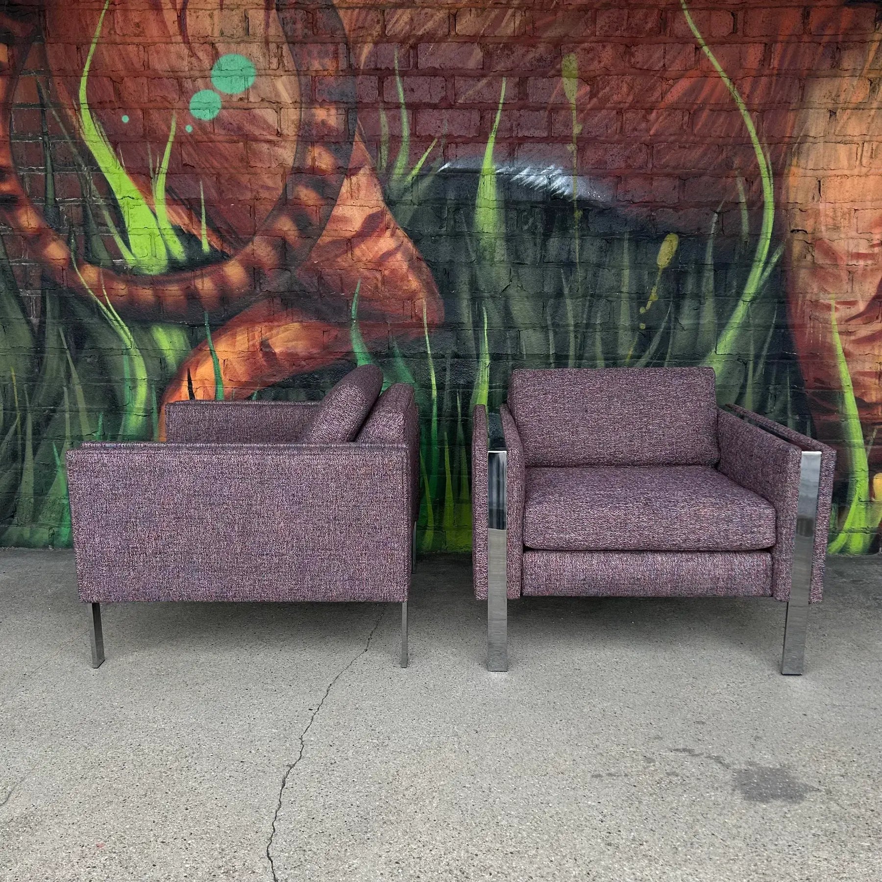 Pair of Chrome Cube Club Chairs Newly Upholstered in a Great Multi Color Texture Fabric