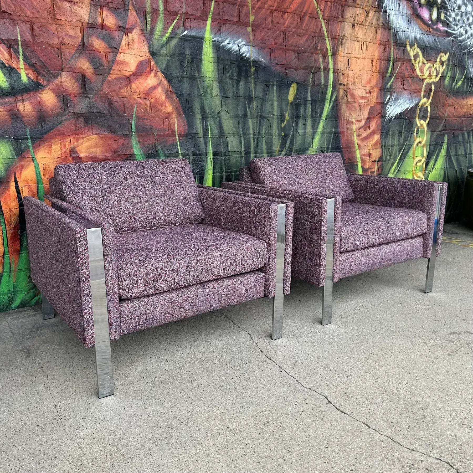Pair of Chrome Cube Club Chairs Newly Upholstered in a Great Multi Color Texture Fabric