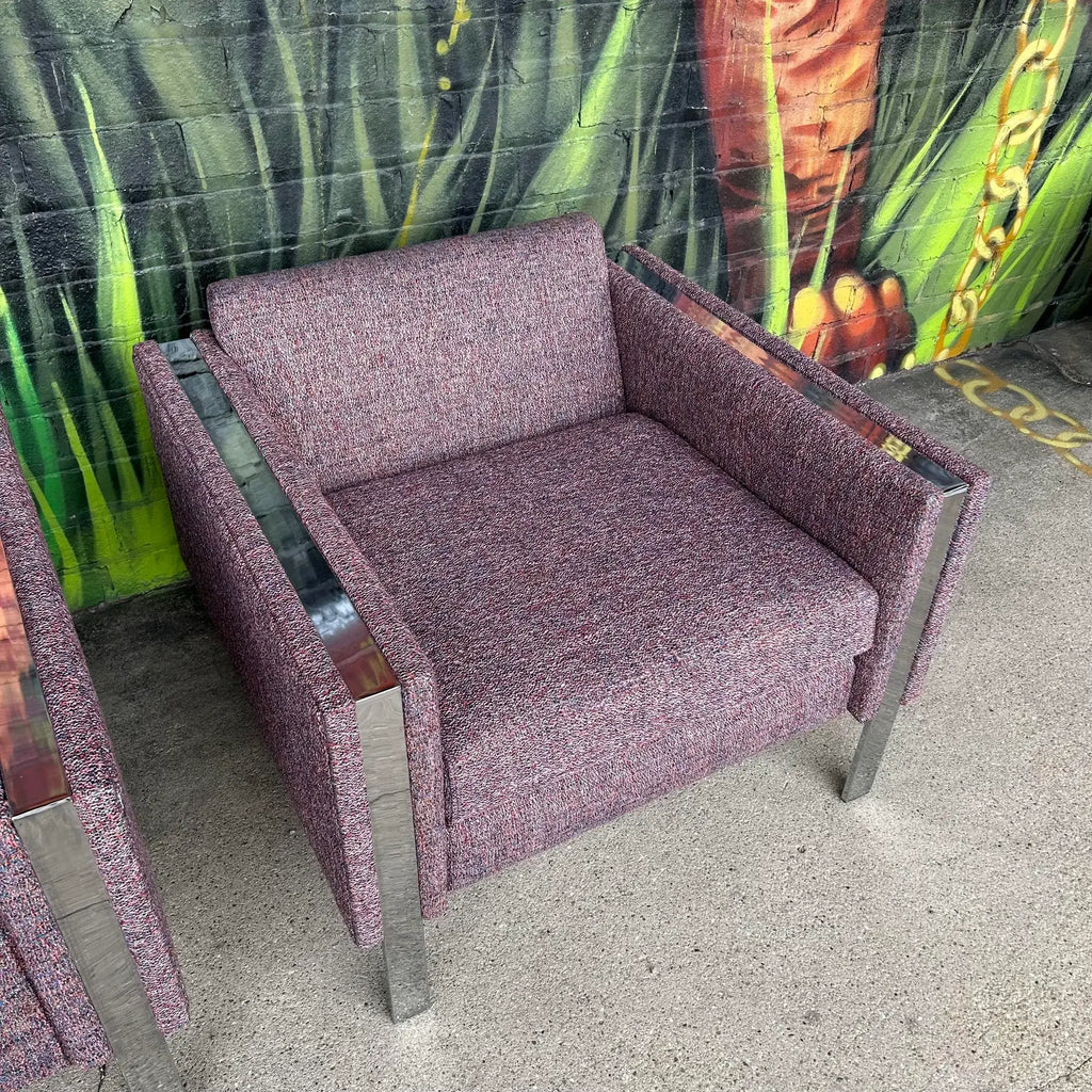 Pair of Chrome Cube Club Chairs Newly Upholstered in a Great Multi Color Texture Fabric