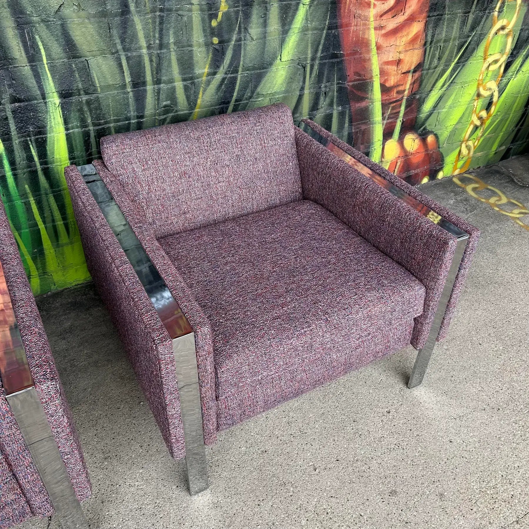 Pair of Chrome Cube Club Chairs Newly Upholstered in a Great Multi Color Texture Fabric