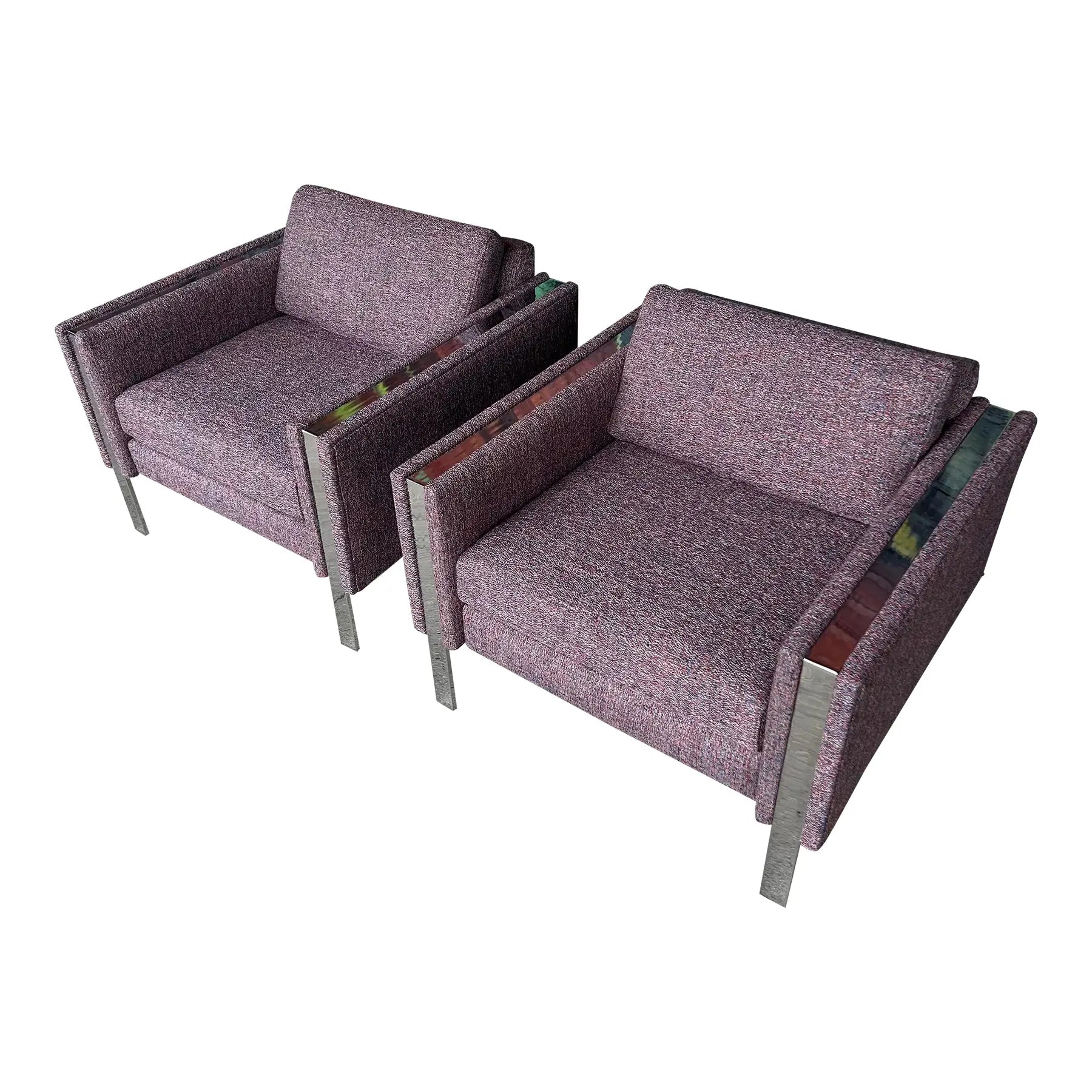 Pair of Chrome Cube Club Chairs Newly Upholstered in a Great Multi Color Texture Fabric