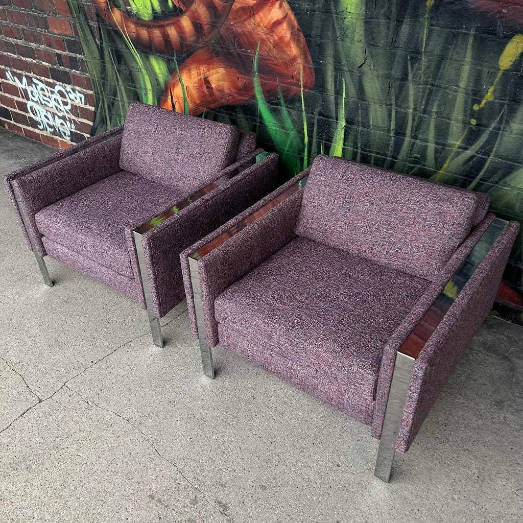 Pair of Chrome Cube Club Chairs Newly Upholstered in a Great Multi Color Texture Fabric