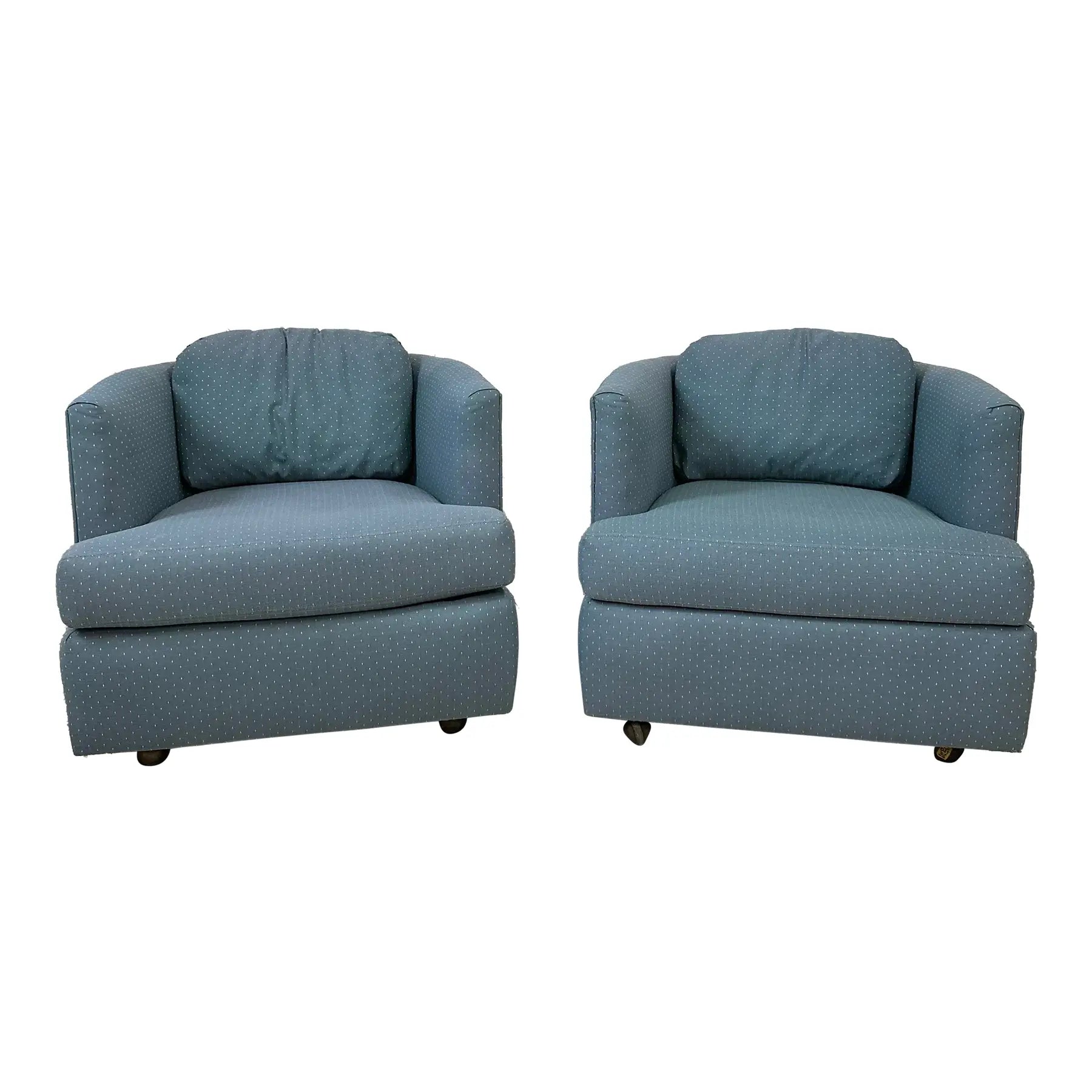Pair of Drexel Blue Barrel Back Chairs on Casters