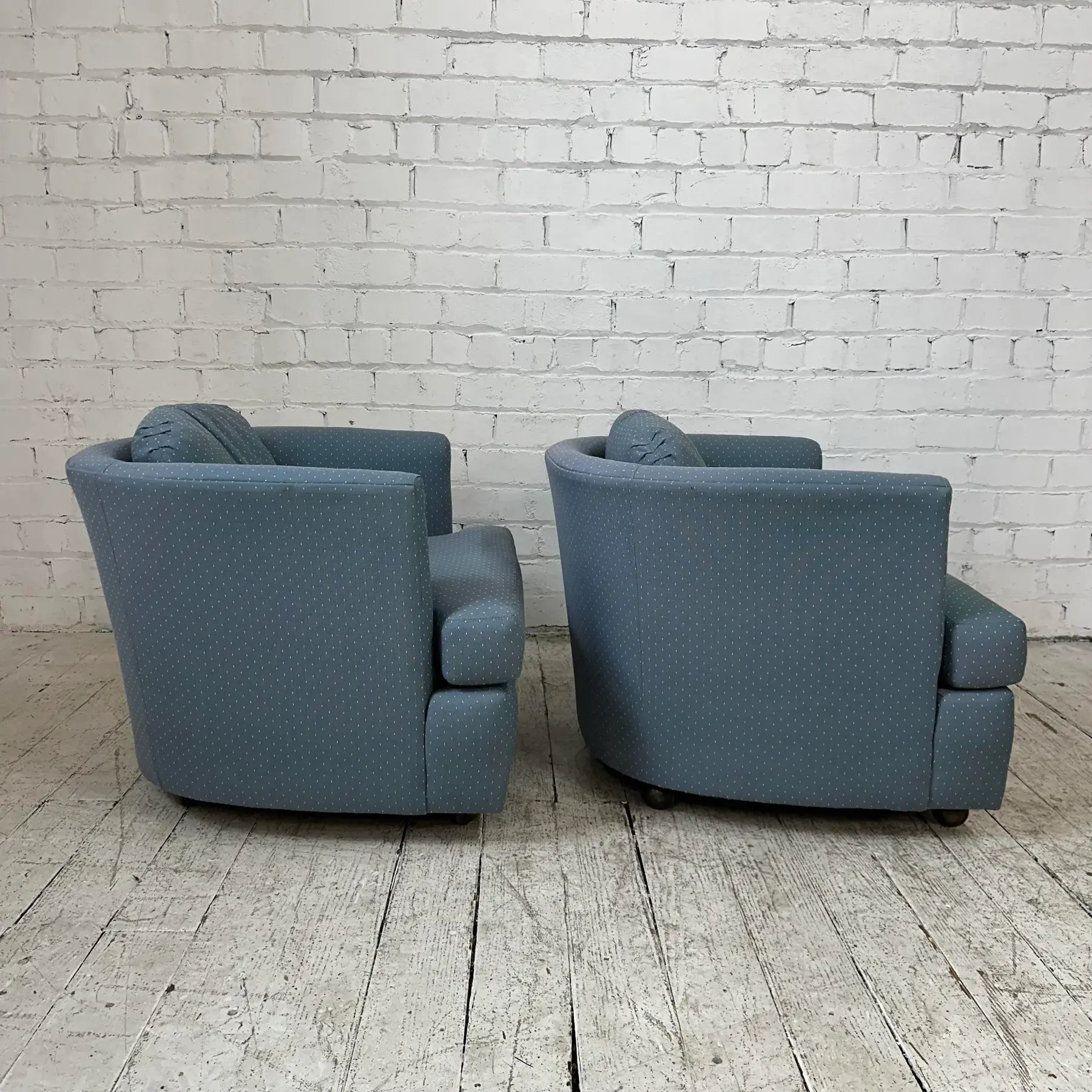 Pair of Drexel Blue Barrel Back Chairs on Casters