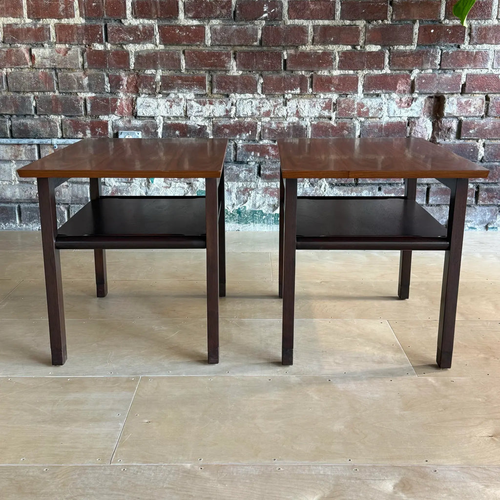 Pair of Dunbar Walnut and Mahogany Side Tables With Leather Capped Feet