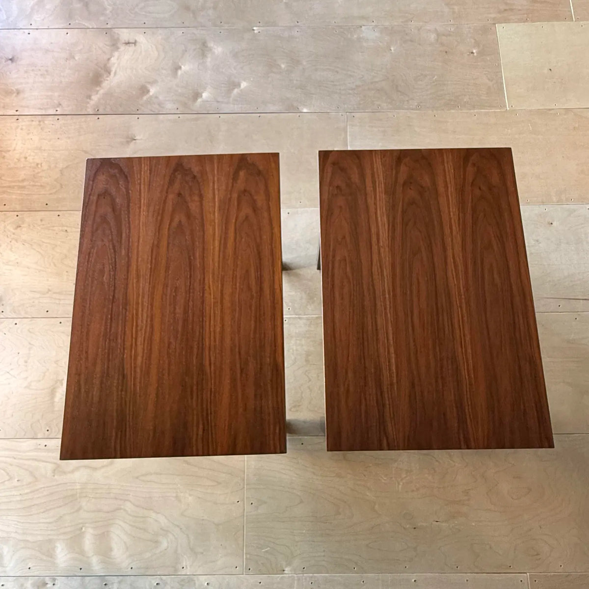 Pair of Dunbar Walnut and Mahogany Side Tables With Leather Capped Feet