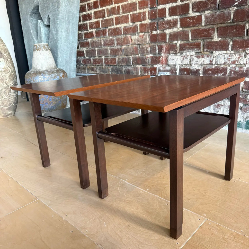 Pair of Dunbar Walnut and Mahogany Side Tables With Leather Capped Feet