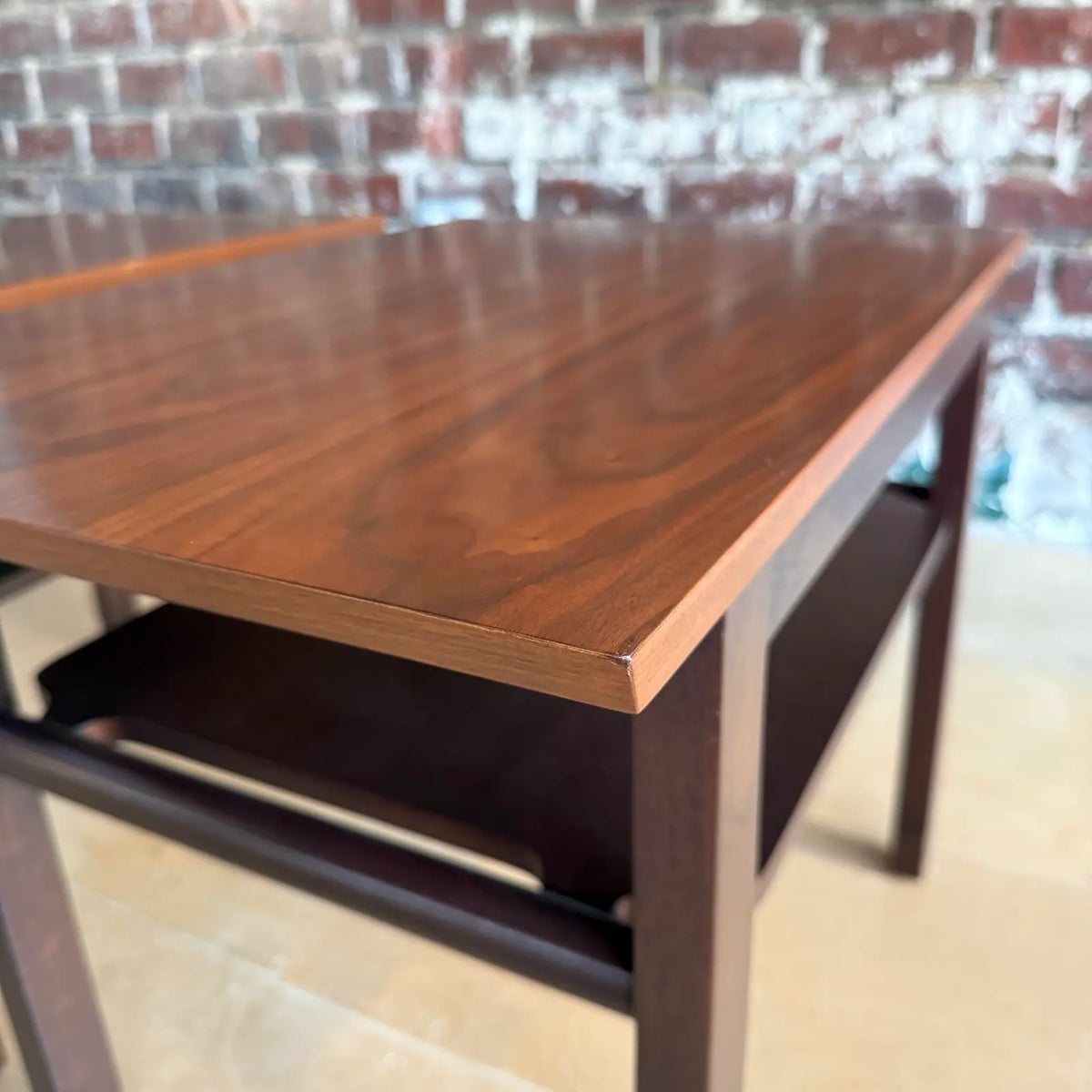 Pair of Dunbar Walnut and Mahogany Side Tables With Leather Capped Feet