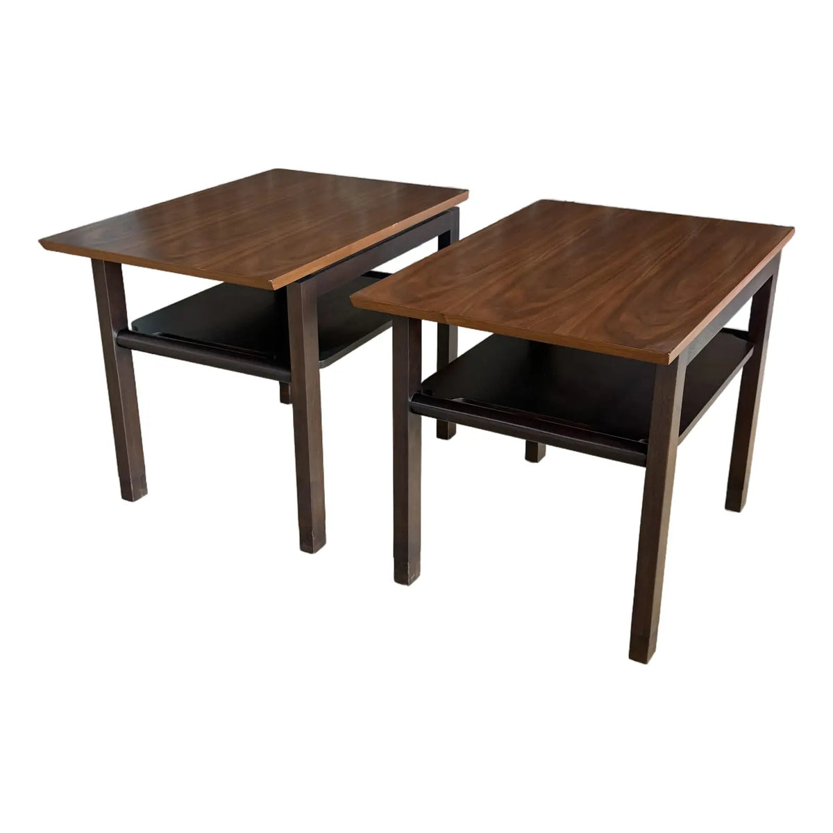 Pair of Dunbar Walnut and Mahogany Side Tables With Leather Capped Feet