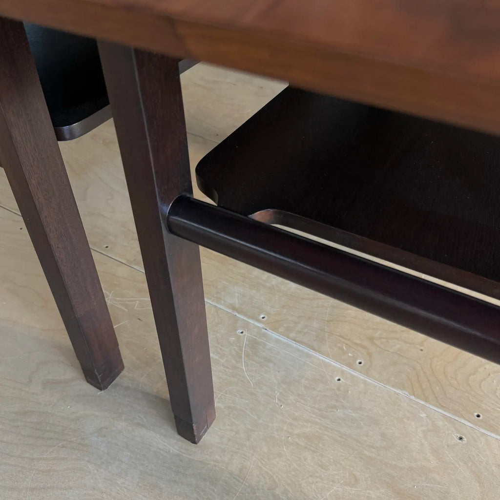 Pair of Dunbar Walnut and Mahogany Side Tables With Leather Capped Feet
