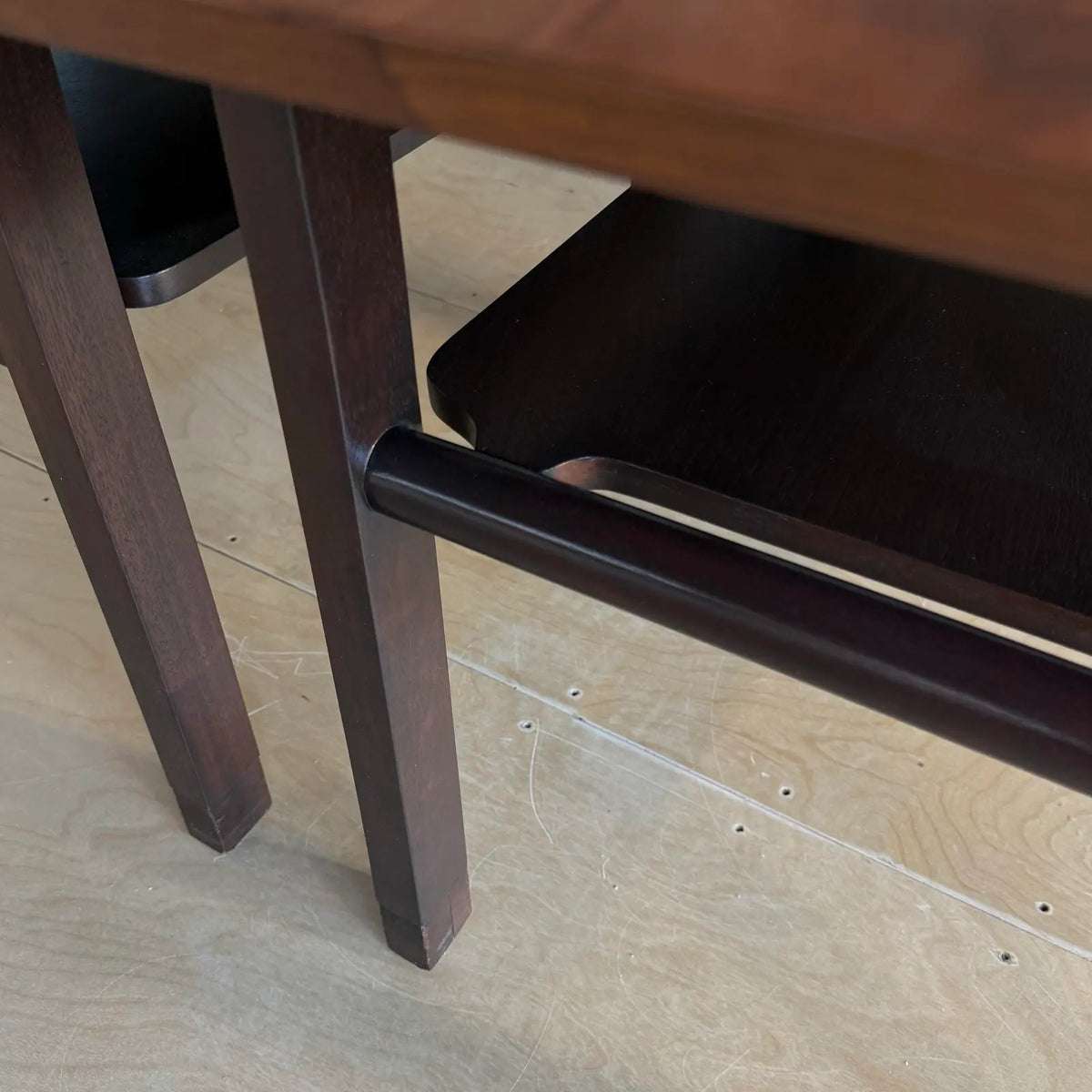Pair of Dunbar Walnut and Mahogany Side Tables With Leather Capped Feet